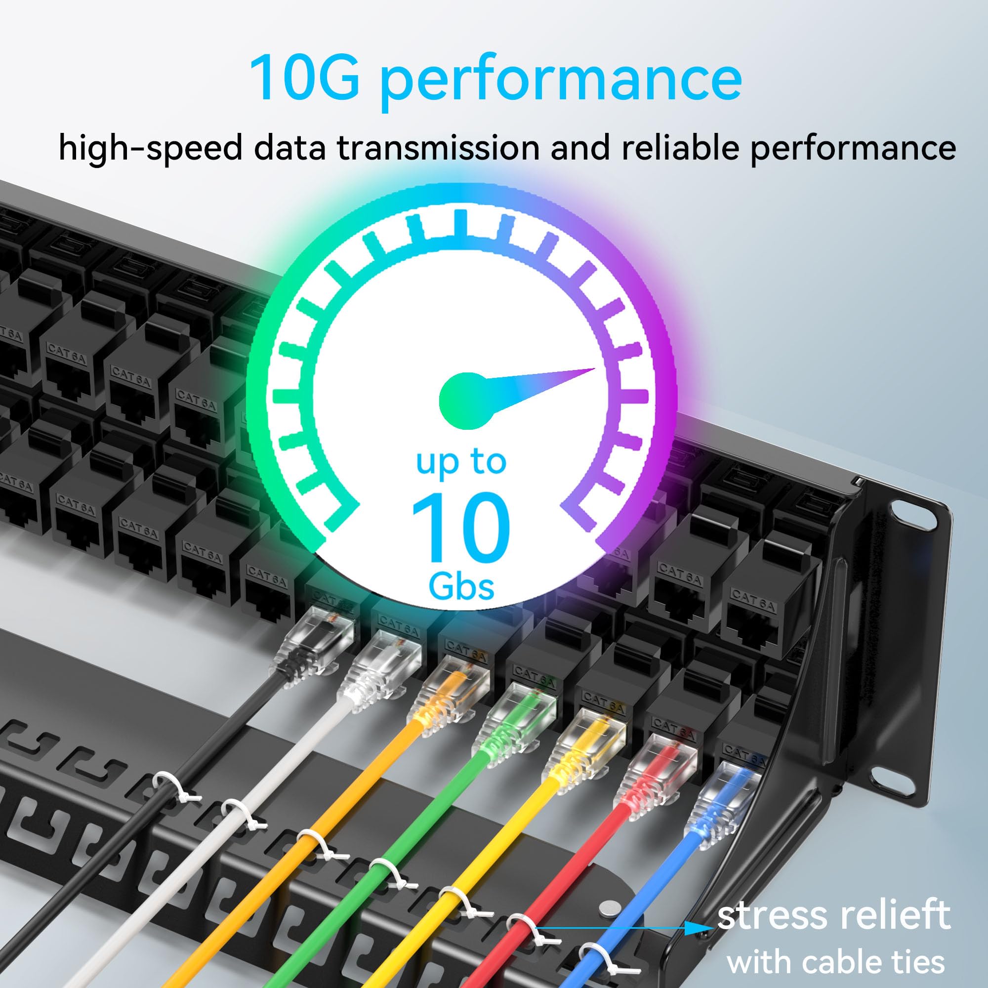 Sokqovt Panel de conexión de 48 puertos Cat6a con acoplador Keystone, panel de conexión de red Cat6 10G sin perforación, panel Ethernet 2U Rj45 de ahorro de tiempo con barra trasera resistente, panel