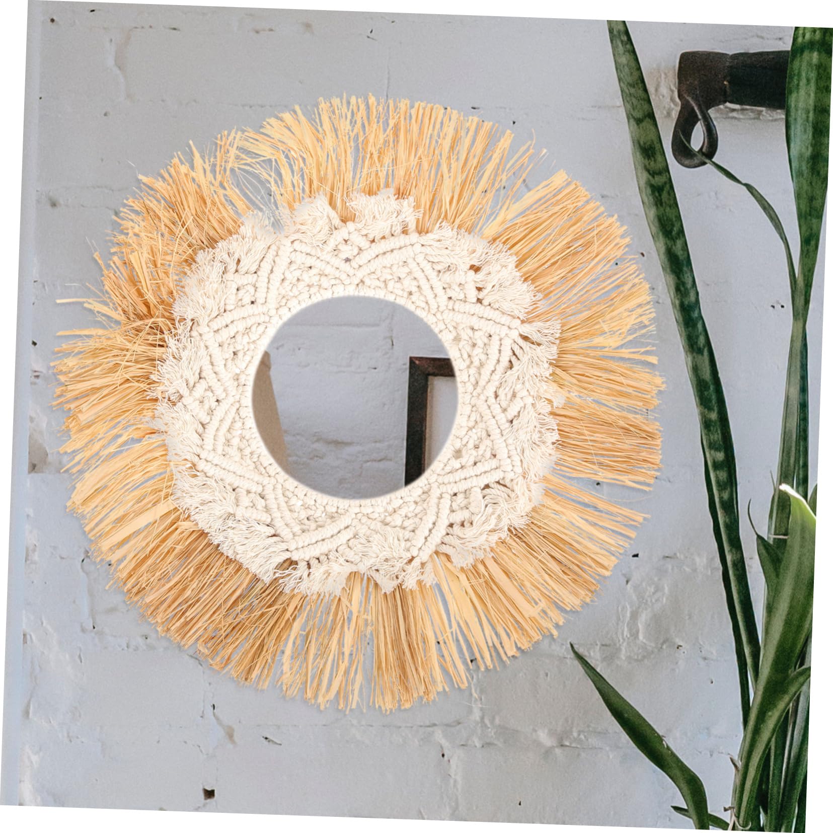 OUNONA Runder Hängespiegel im Boho Stil mit Raffia und Baumwollseil