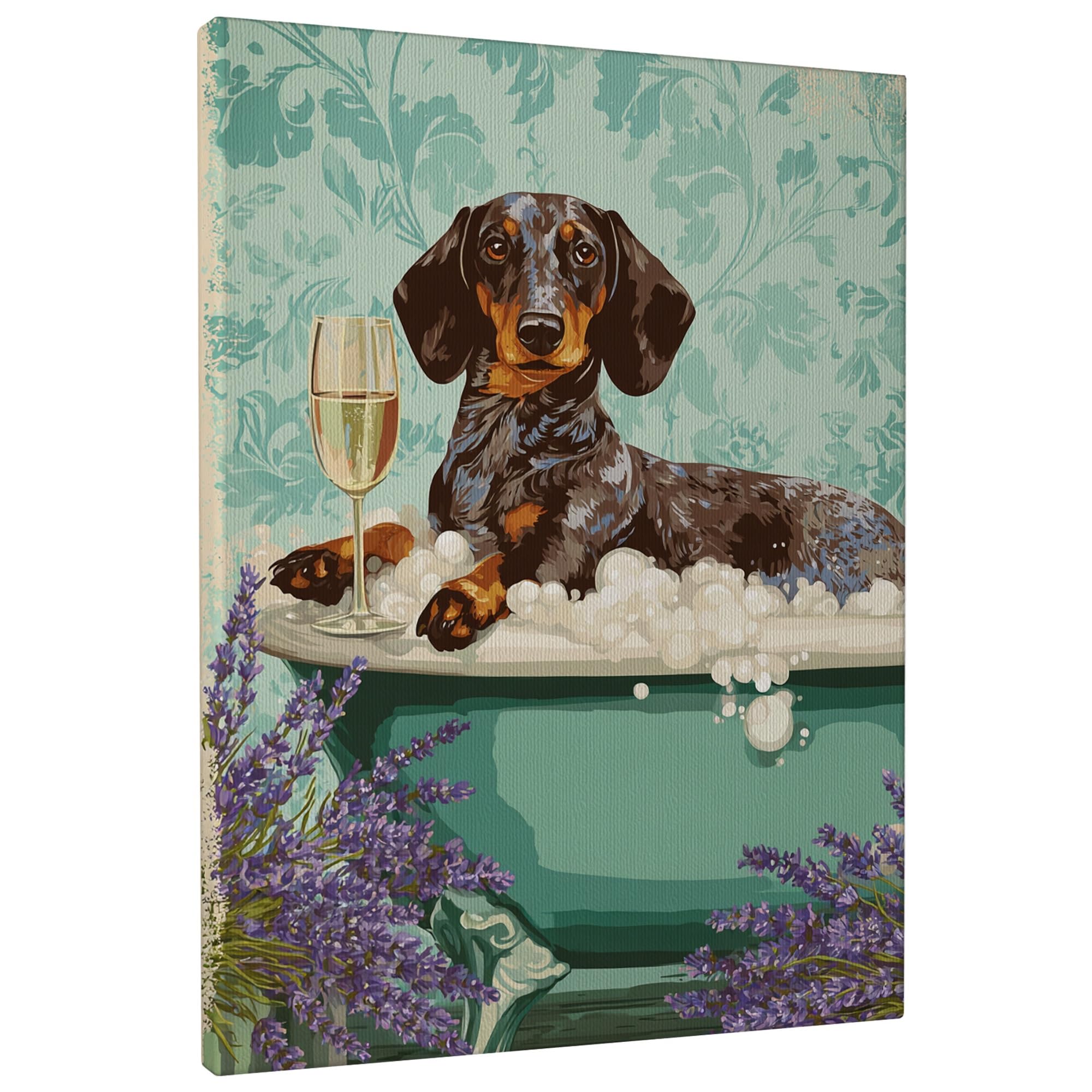 Cute Dog Bath Canvas Wall Art, Black Brown Dachshund Poster Prints, Fun Home Aesthetic Decor for Living Room, Bedroom, Bathroom, Wrapped Canvas 12x16 Inch