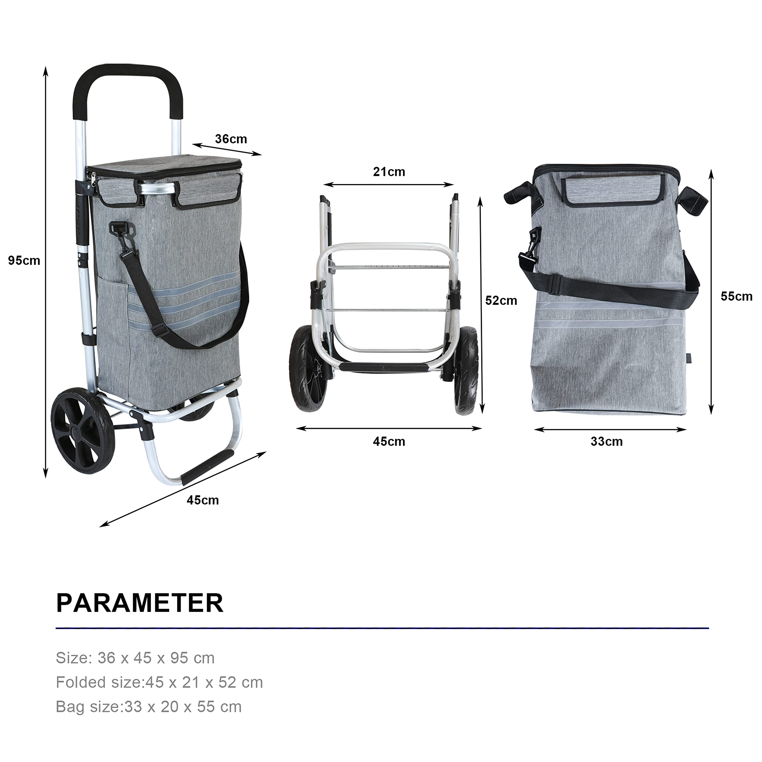 Ribelli Wózek na zakupy z komorą chłodzącą, składany wózek na zakupy do 45 kg, wysokiej jakości aluminiowa rama, wózek na zakupy z kieszeniami bocznymi, zdejmowana torba może służyć jako torba do