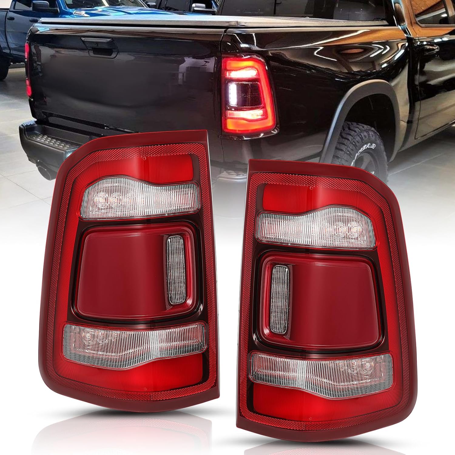 Factory LED Tail Light Assembly Without Blind Spot Fit for Dodge Ram 1500 2019-2024, Rear Brake Light Red Lens Chrome Interior LED Tail Lamps Replace Driver and Passenger Side