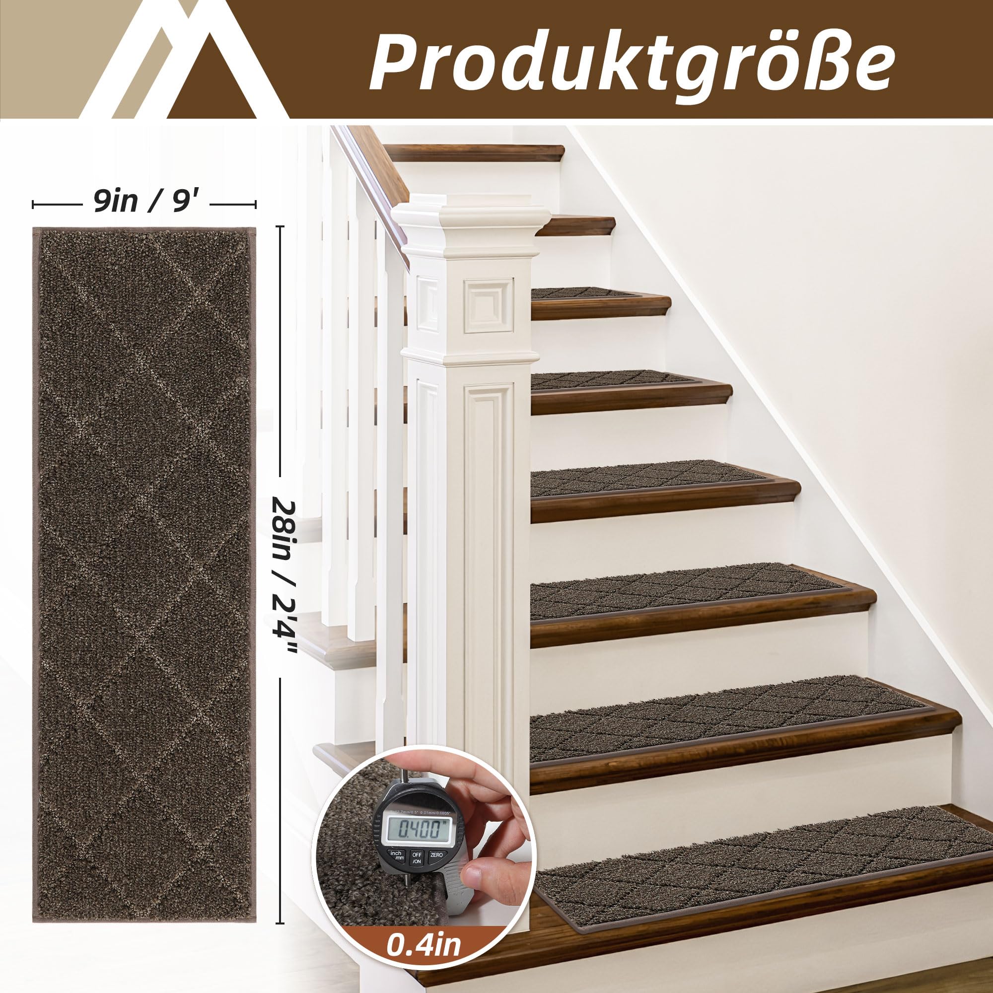 COSY HOMEER 15 Stück Treppenstufen Matten, 70 x 22 cm, Braun | Stufenmatten Selbstklebend, Rutschfest ohne Kleben, 100% Polyester, TPE-Rücken, waschbar, für Kinder, Senioren und Haustiere
