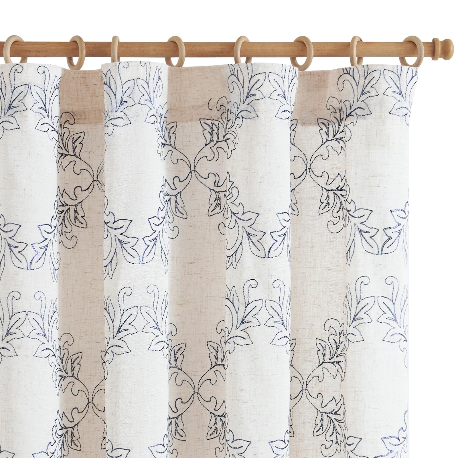 jinchan Linen Curtains Blue Embroidered on Beige Farmhouse