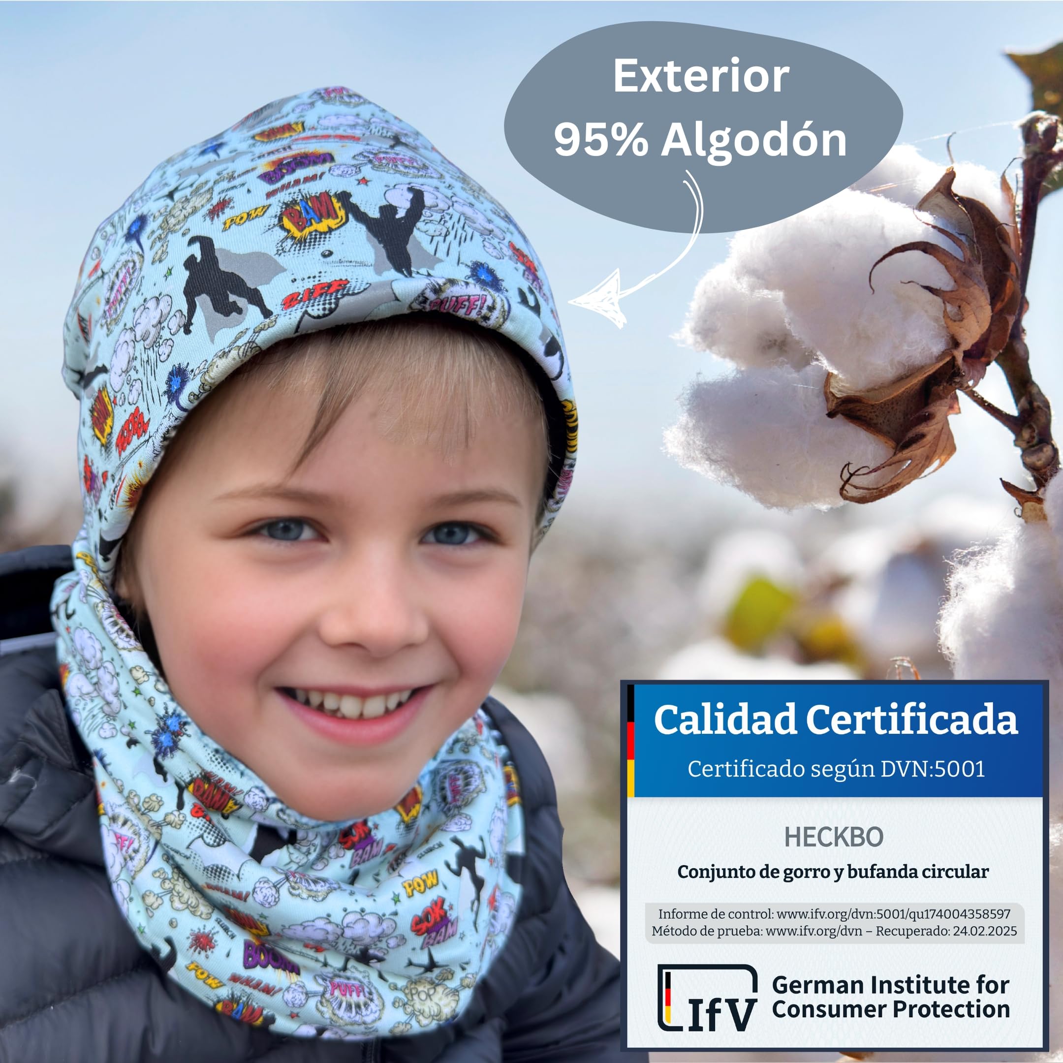 HECKBO gorro y braga cuello infantil 360° reflectante 95% algodón tejido elástico suave fácil de cuidar ideal para primavera otoño e invierno 48–54 cm