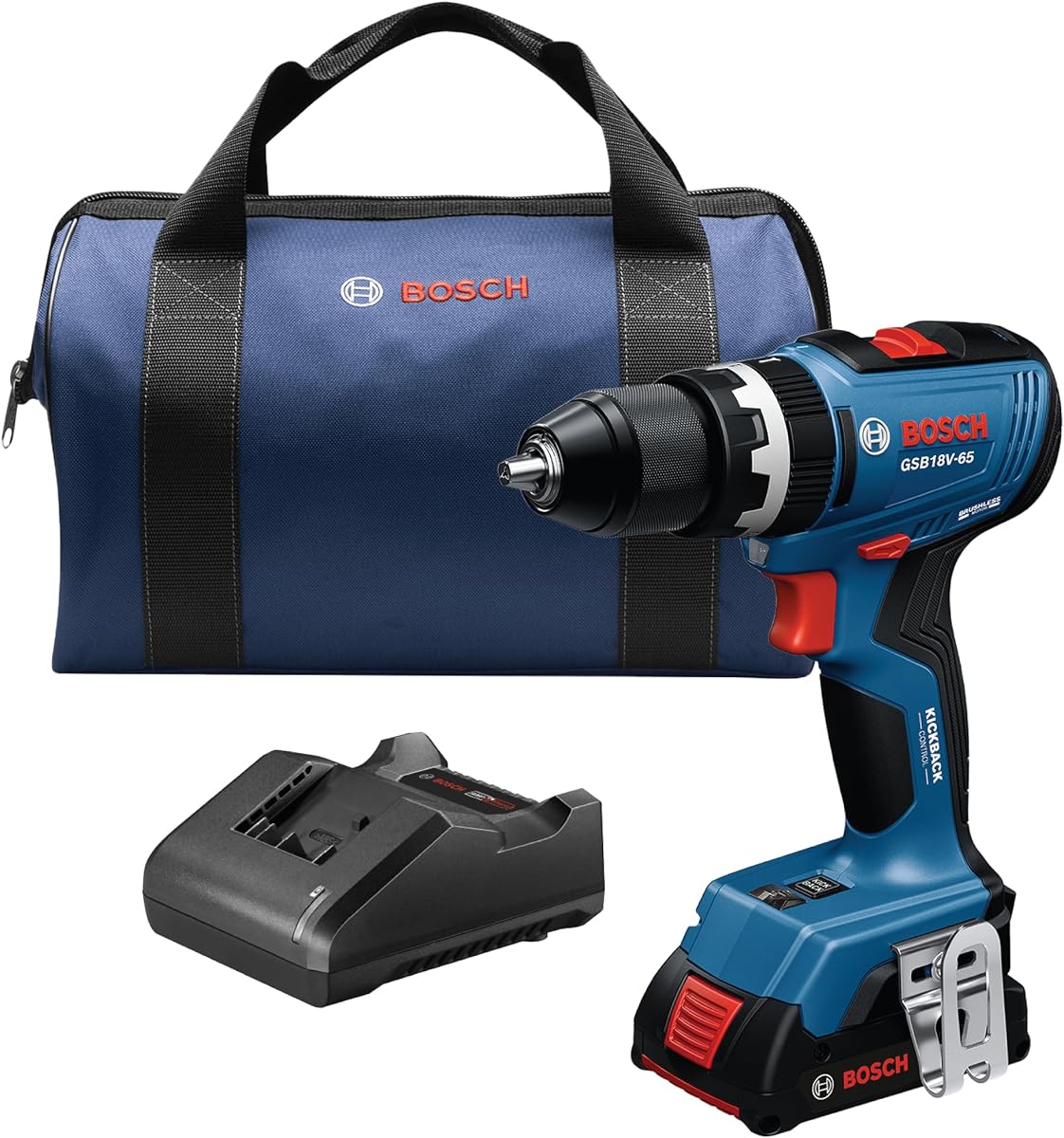 BOSCH Cordless Drill GSB18V-65B12, 1/2 In. Brushless Hammer Drill/Driver Kit - 575 In.-Lbs. Max Torque, Switchable KickBack Control, Rapid Mode Selector, LED Worklights, Battery & Charger Kit Included | 12V Battery | 1/2in Chuck | Brushless Motor | Hammer Function | Cordless Operation | Reconditioned Tool