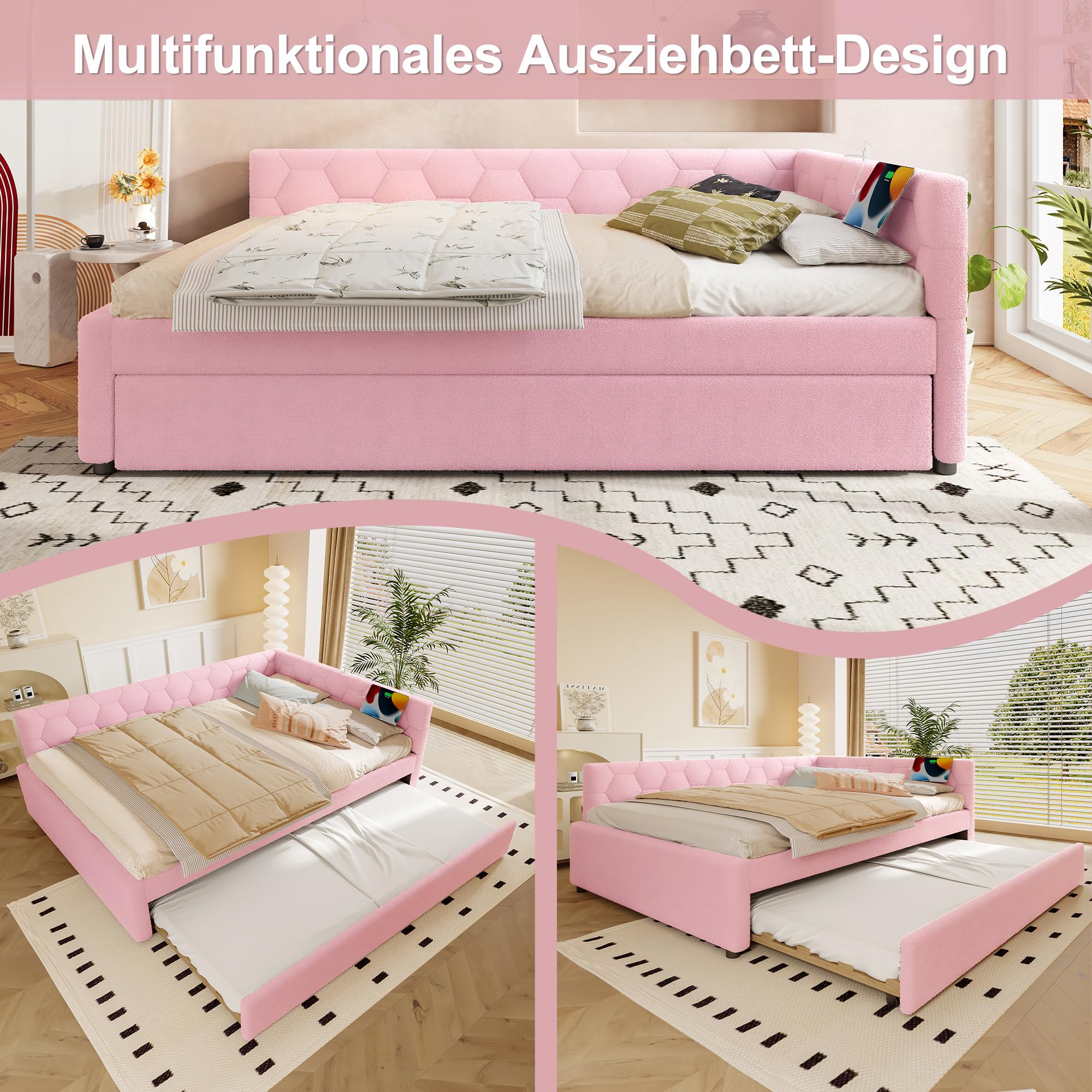 Letto Tessile 140x200cm con Sommier a doghe stabili e Struttura Letto Matrimoniale fissa divano piattaforma in legno mdf estensibile secondo letto estraibile tessuto Rosa