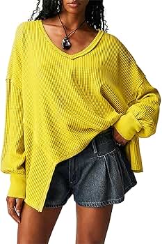 Womens Oversized Waffle Knit Tops V-Neck Long Sleeve Dropped