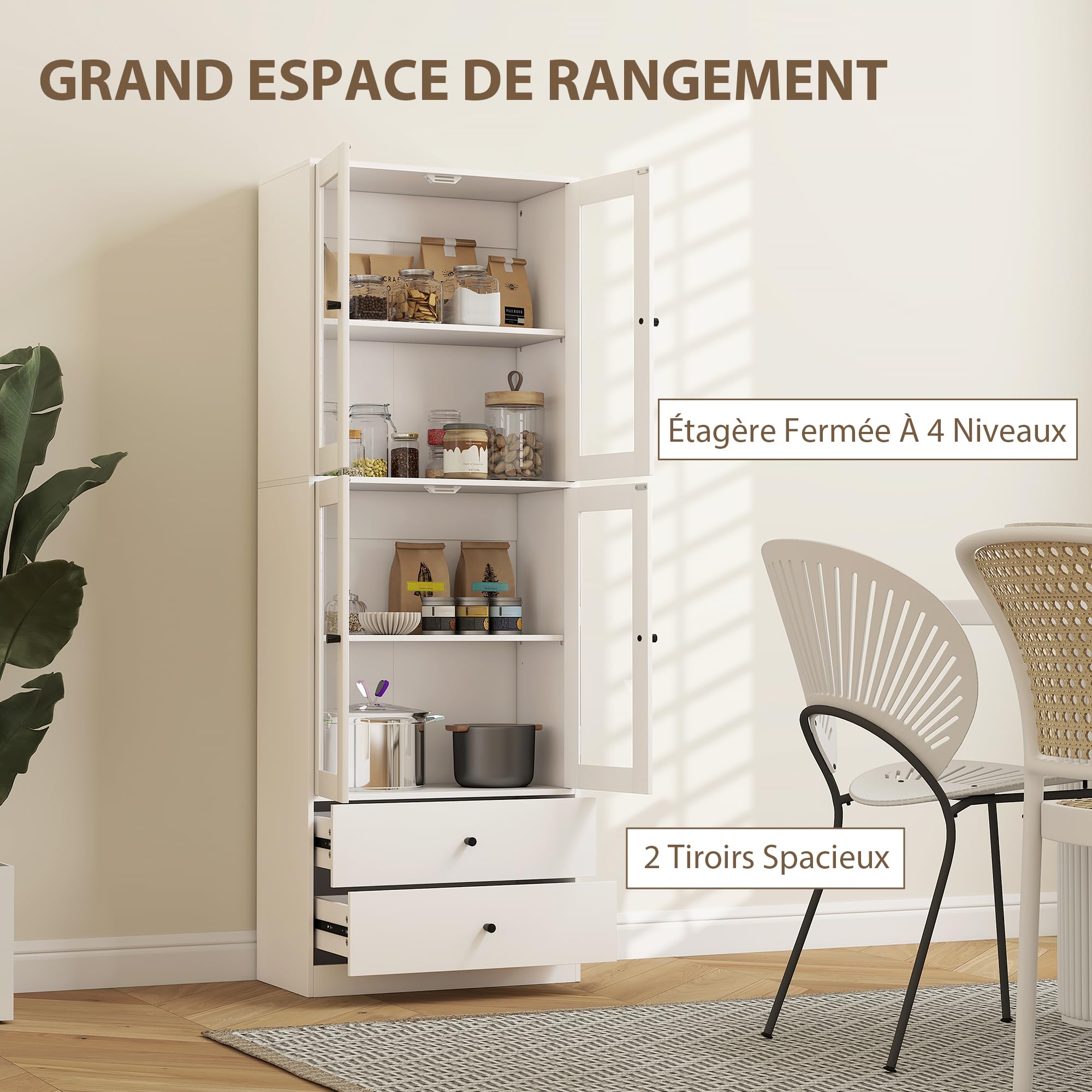 HOMCOM Buffet Haut Cuisine 4 Portes Vitrées 59 x 30 x 170 cm Blanc Brillant