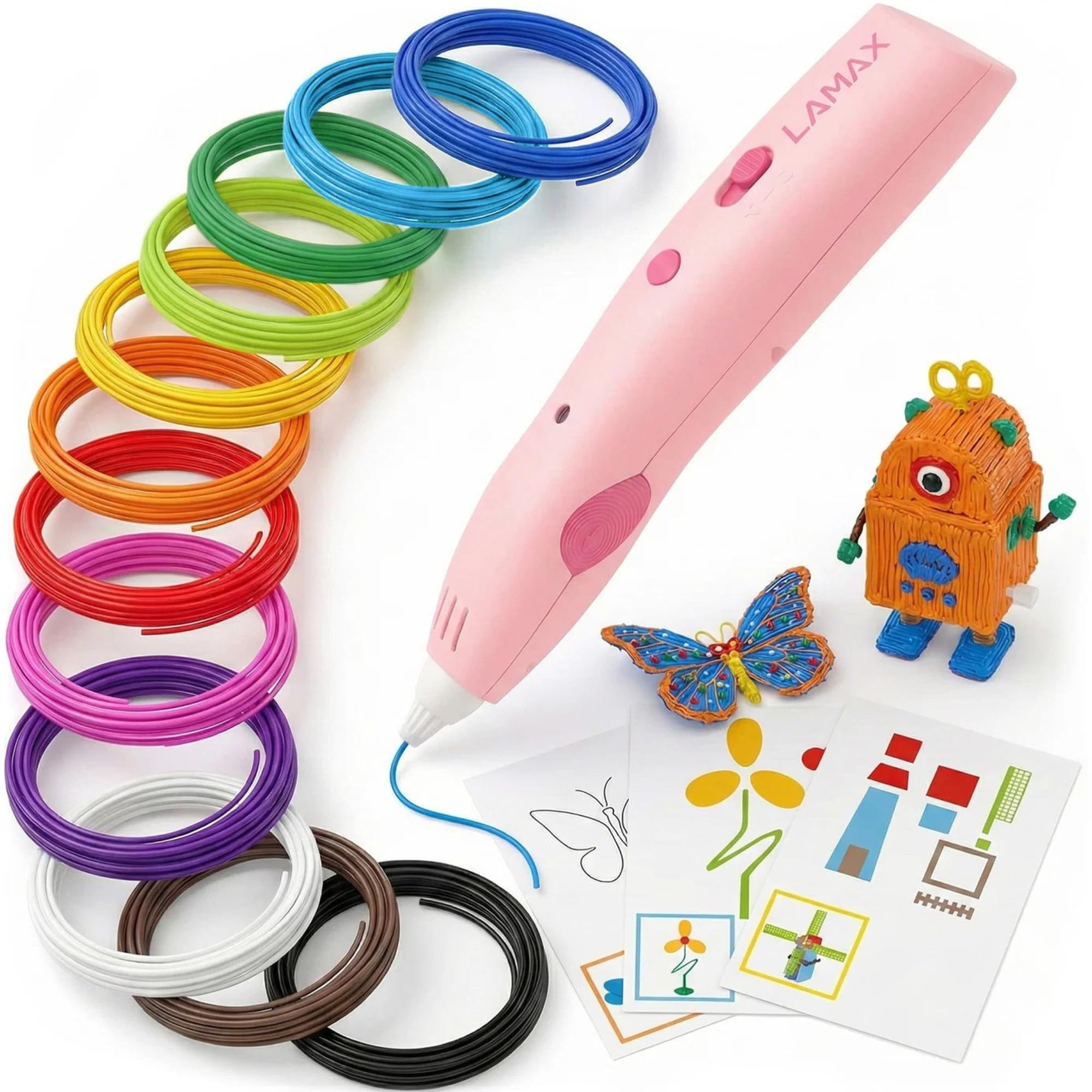 LAMAX ArtKid1 3D Stift für Kinder – kabelloser 3D-Druckstift mit TouchSafe, 37 m 12 PCL-Filamentfarben, USB-C, 2 Geschwindigkeiten, 2 Temperaturstufen, kreatives Geschenk für Mädchen & Jungen (Rosa)