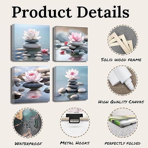 Miniatura 6 de QIXIANG Lienzo de loto rosa para pared, 4 piezas de flores de loto florecientes sobre piedra zen, para estudios de yoga, regalo para entusiastas del