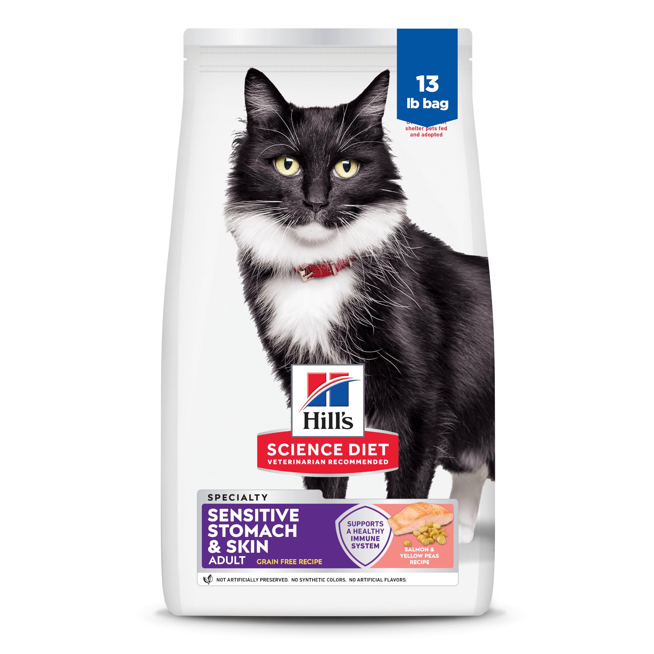 Hill's Science Diet Sensitive Stomach & Skin, Adult 1-6, Stomach & Skin Sensitivity Support, Dry Cat Food, Grain Free Salmon & Yellow Peas, 13 lb Bag