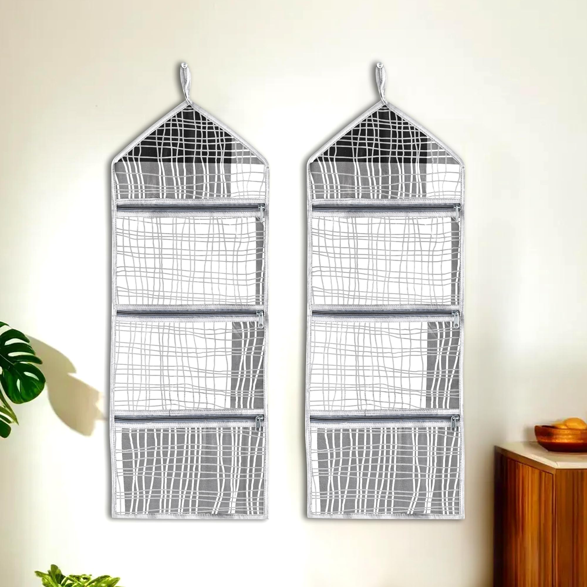Urbane Home Pack of 2 Wall Hanging Organizer for Wardrobe with 3 Pockets & Zip | Letter Holder, Socks & Tie Storage Pouches | Black Lining -Grey-image-41