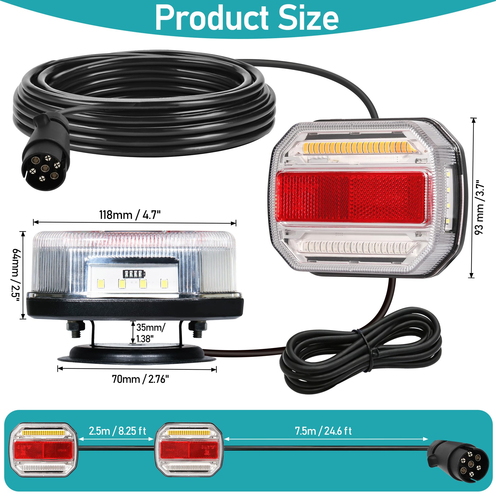 Pilotos Traseros Remolque Iman 12V 24 V Pilotos Led Remolque con Cable,Kit Luces Remolque Iman con Enchufe 7 Pines & 7.5m Cableado para Remolques Camion Tractor ECE IP67 Homologados