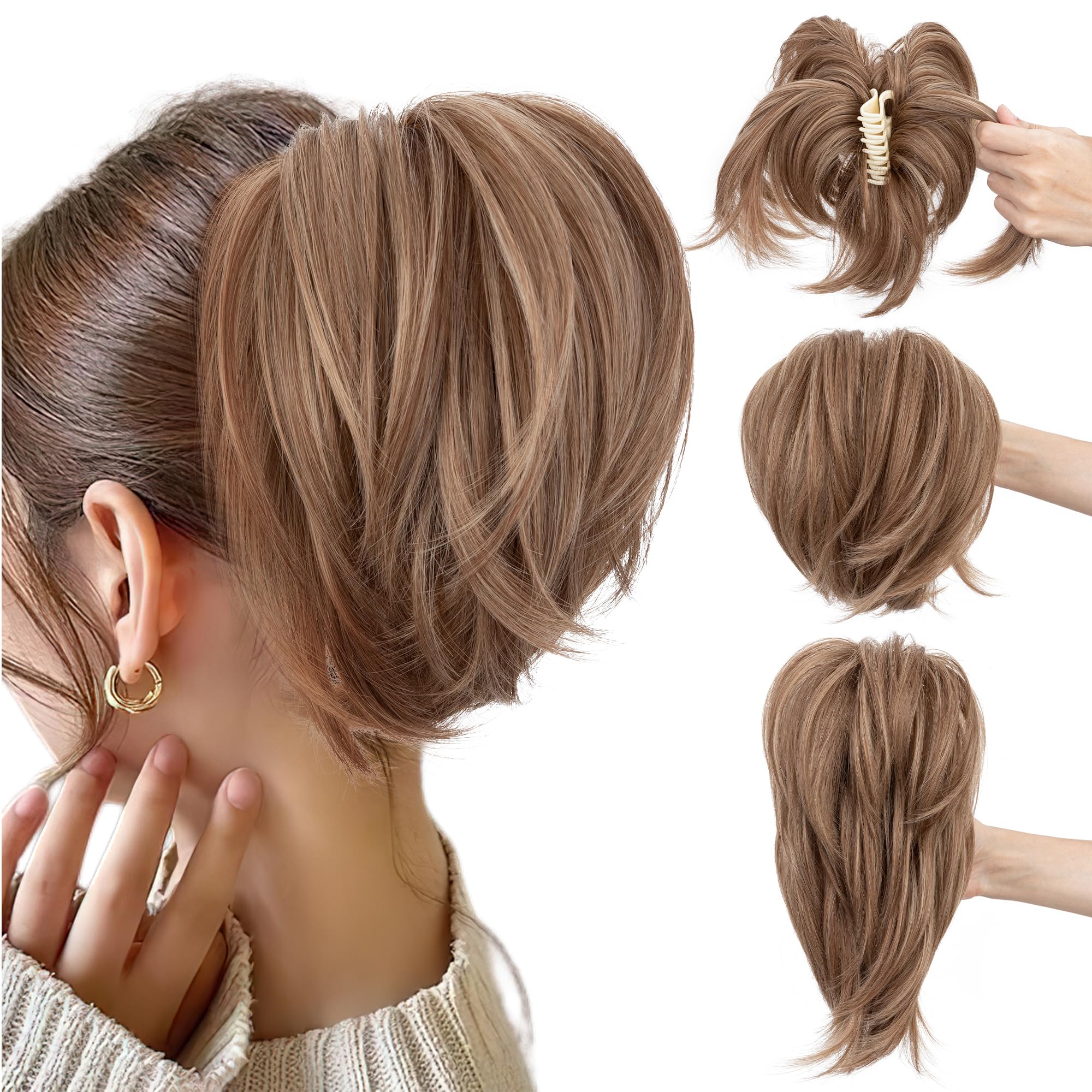 SEGO Claw Clip Short Ponytail Extension Messy Bun Hair Piece With 4 Bendable Metals DIY Synthetic Fake Hair Bun For Women 8 Inch-#12H24 Light
