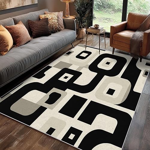 Miniatura 87 de Alfombra retro de los años 70, alfombras de área de 6 x 8 pies, patrón geométrico moderno de mediados de siglo, para sala de estar, dormitorio,