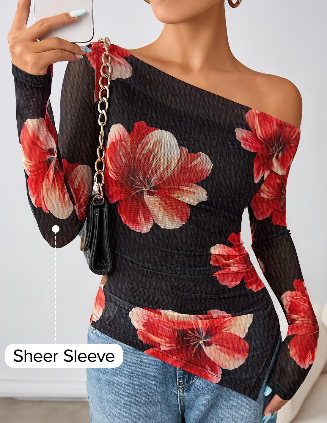 ZESICA Floral Mesh Off Shoulder Long Sleeve Tops for Women 2026 Y2k Double Lined Sheer Spring Going Out Shirts - Image 2