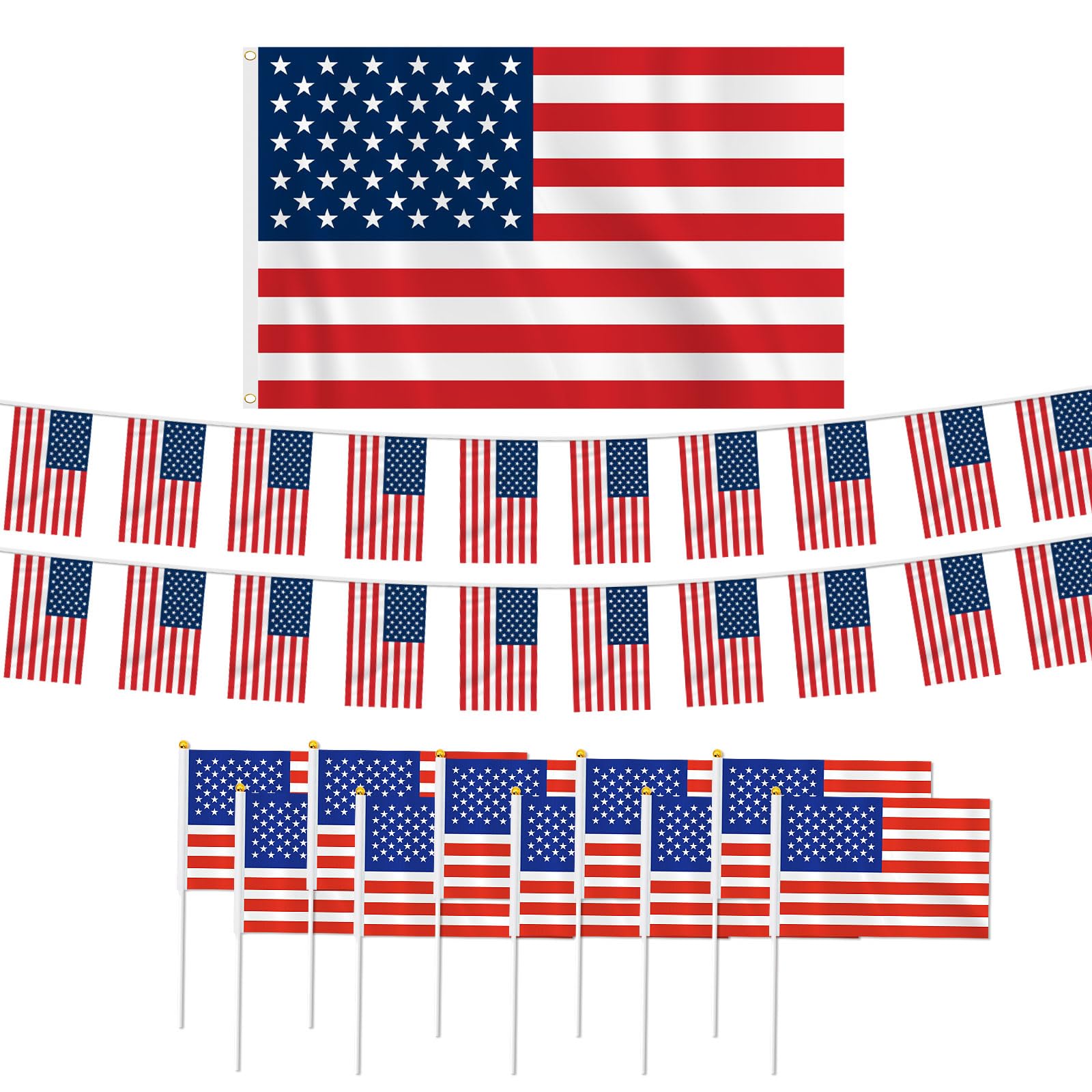 iwiio American Flags 3ft x 5 ft + 16ft American Flag Bunting+ 10 Handheld American Flags for American Party Decorations, USA Flag Sets for Memorial Day Independence Day Veterans Day 4th July Party Dec