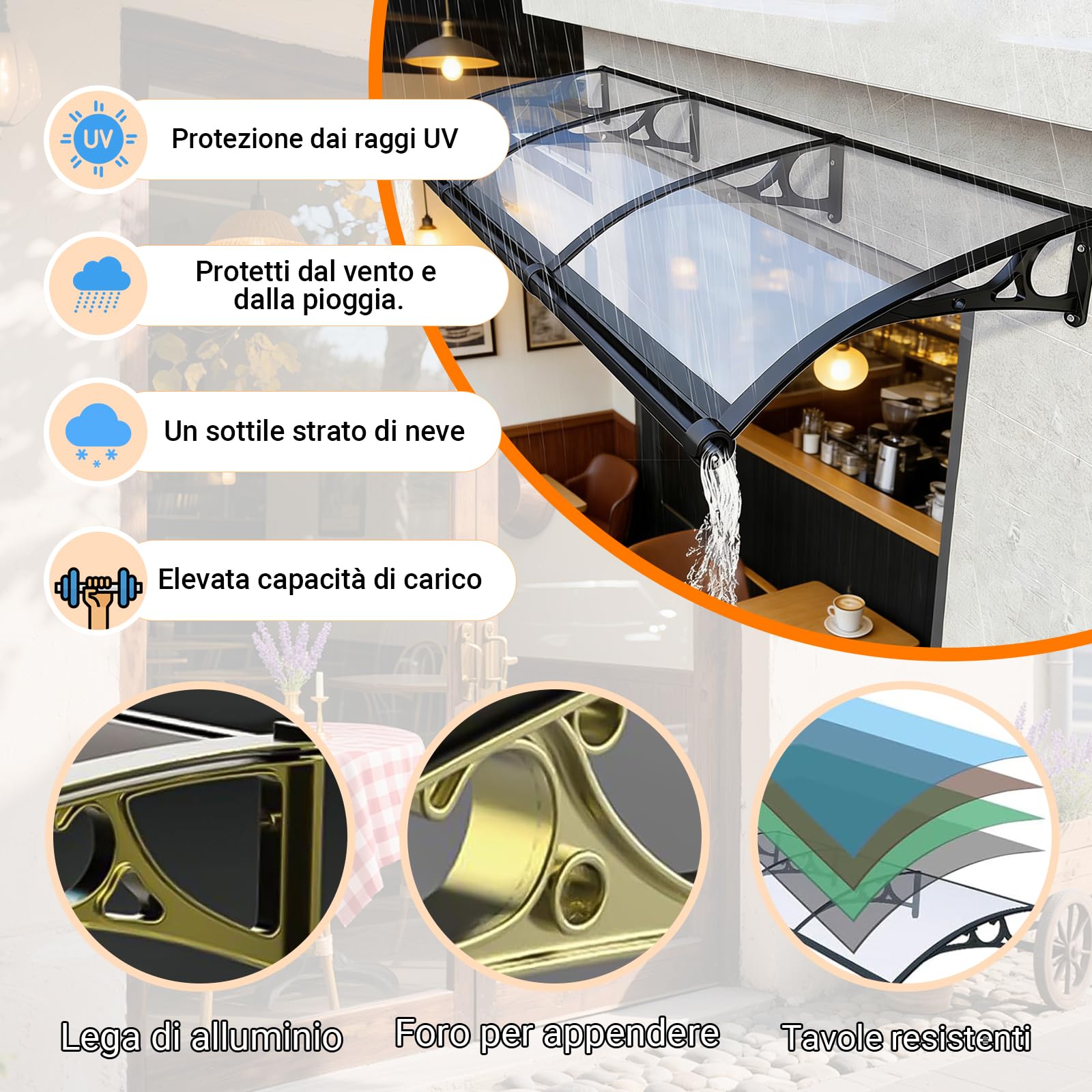 Pensilina Tettoia, Tettoia per Esterno, Pensilina da Esterno in Policarbonato, Resistente ai raggi UV/alla pioggia,Tettoia per Esterno/Porte/Balcone/Finestre 80x230cm