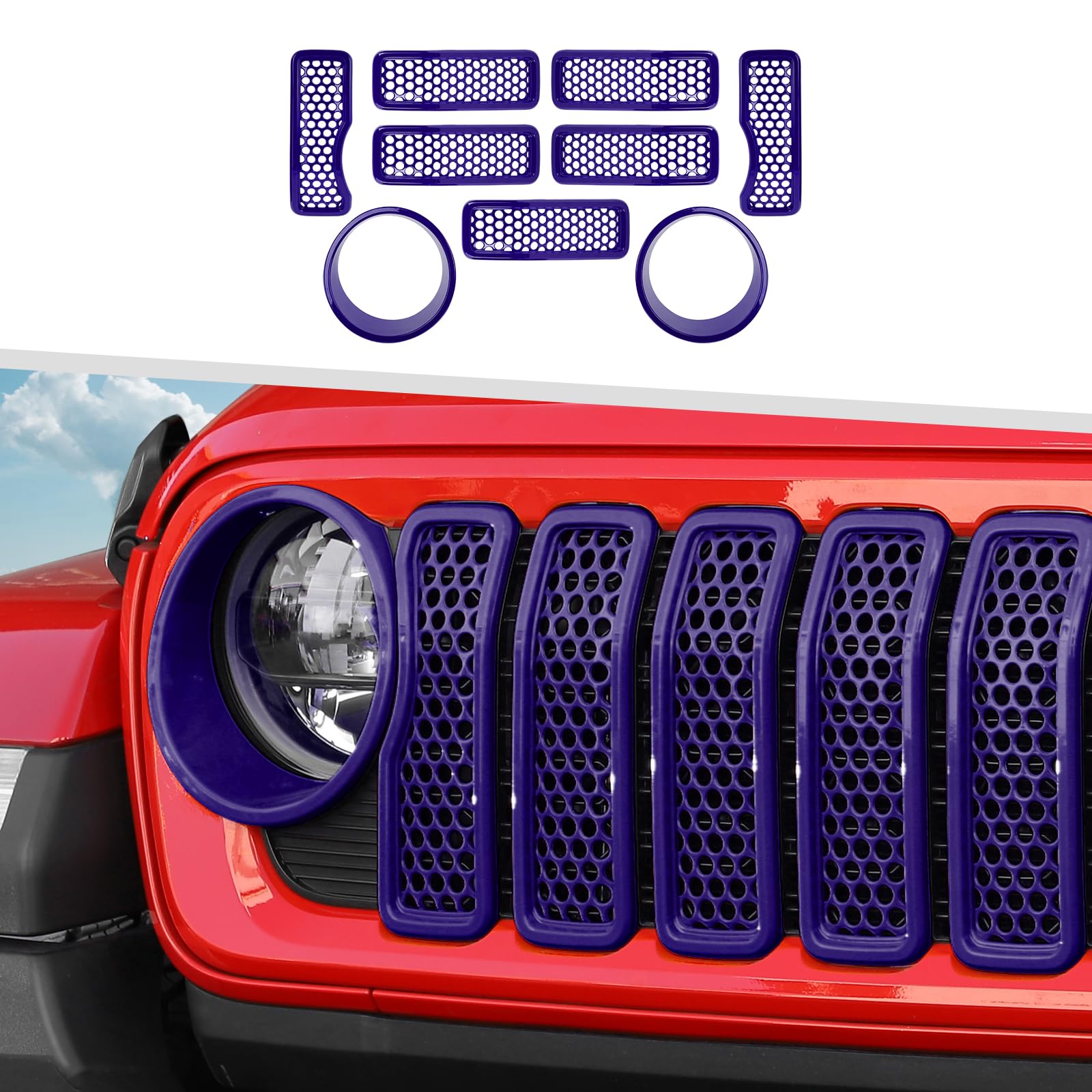 9PCS Headlight Cover &amp; Front Grill Mesh Inserts Compatible with Jeep Wrangler JL JLU 2024+, NOT FIT JL Sport/Sport S (Purple)