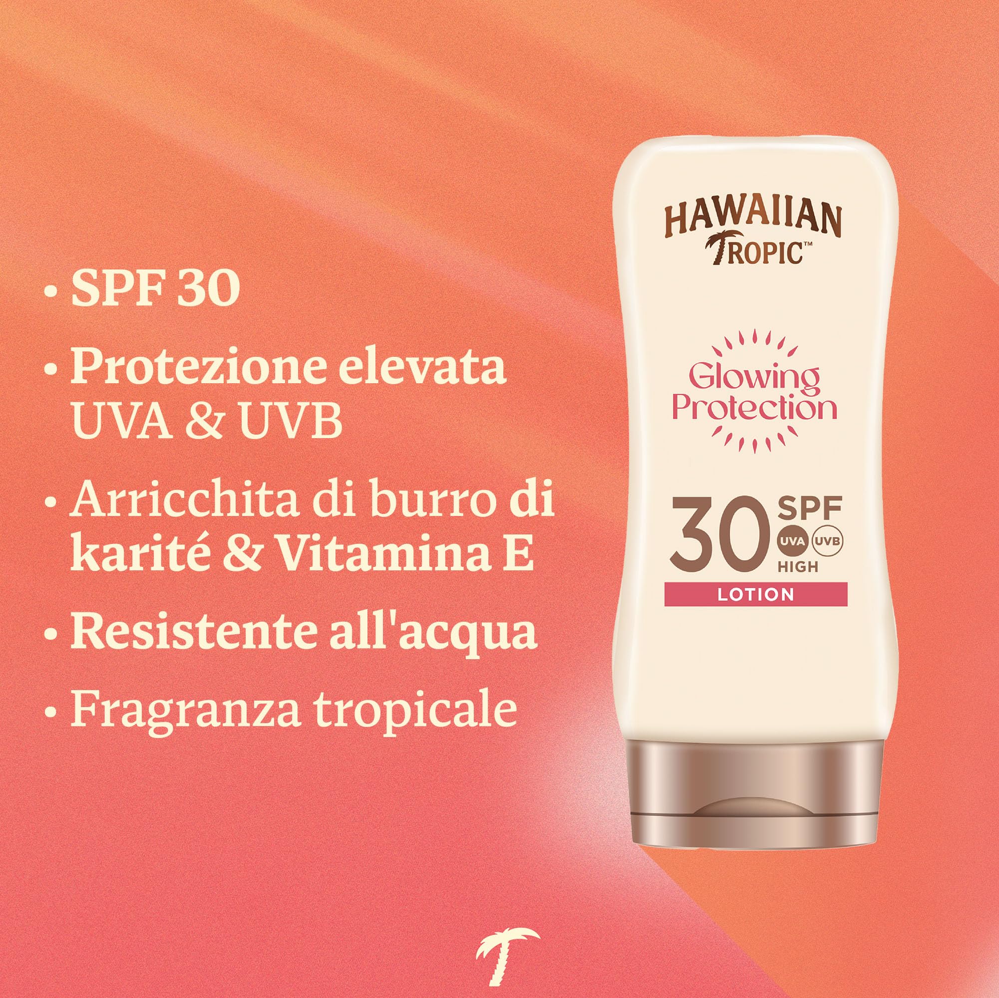 Hawaiian Tropic | Glowing Protection Lozione Solare SPF30, Protezione UVA + UVB, 180 ml, Profumazione Tropicale, con Burro di Karité, Resistente all'Acqua, Vegano