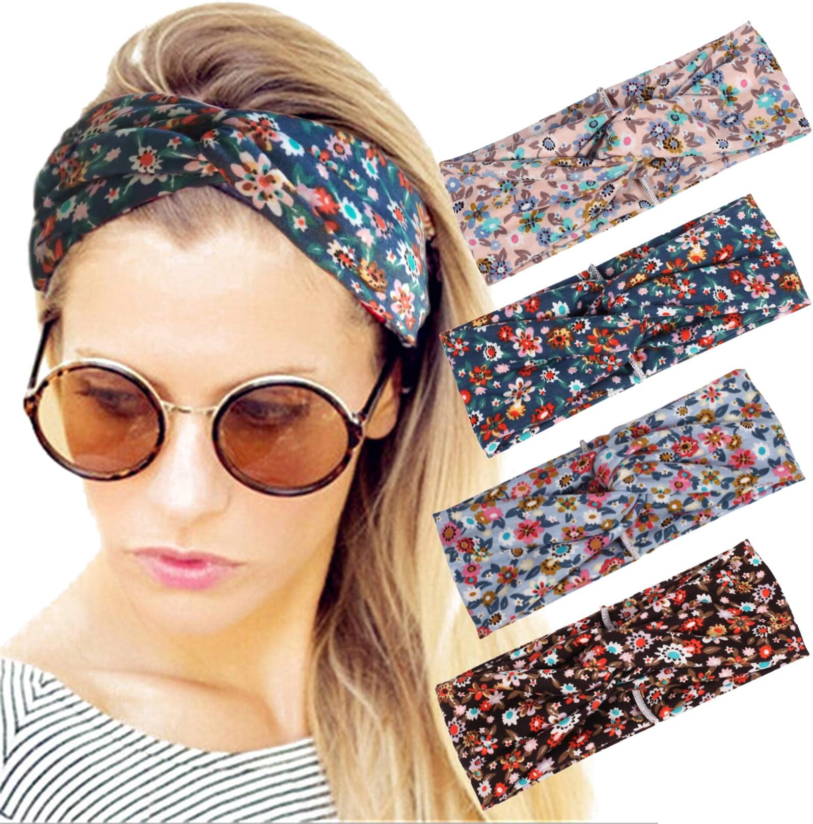 ELACUCOS Headbands for Women Criss Cross Boho Floal Style Head Bands for Women's Hair 4 Pack