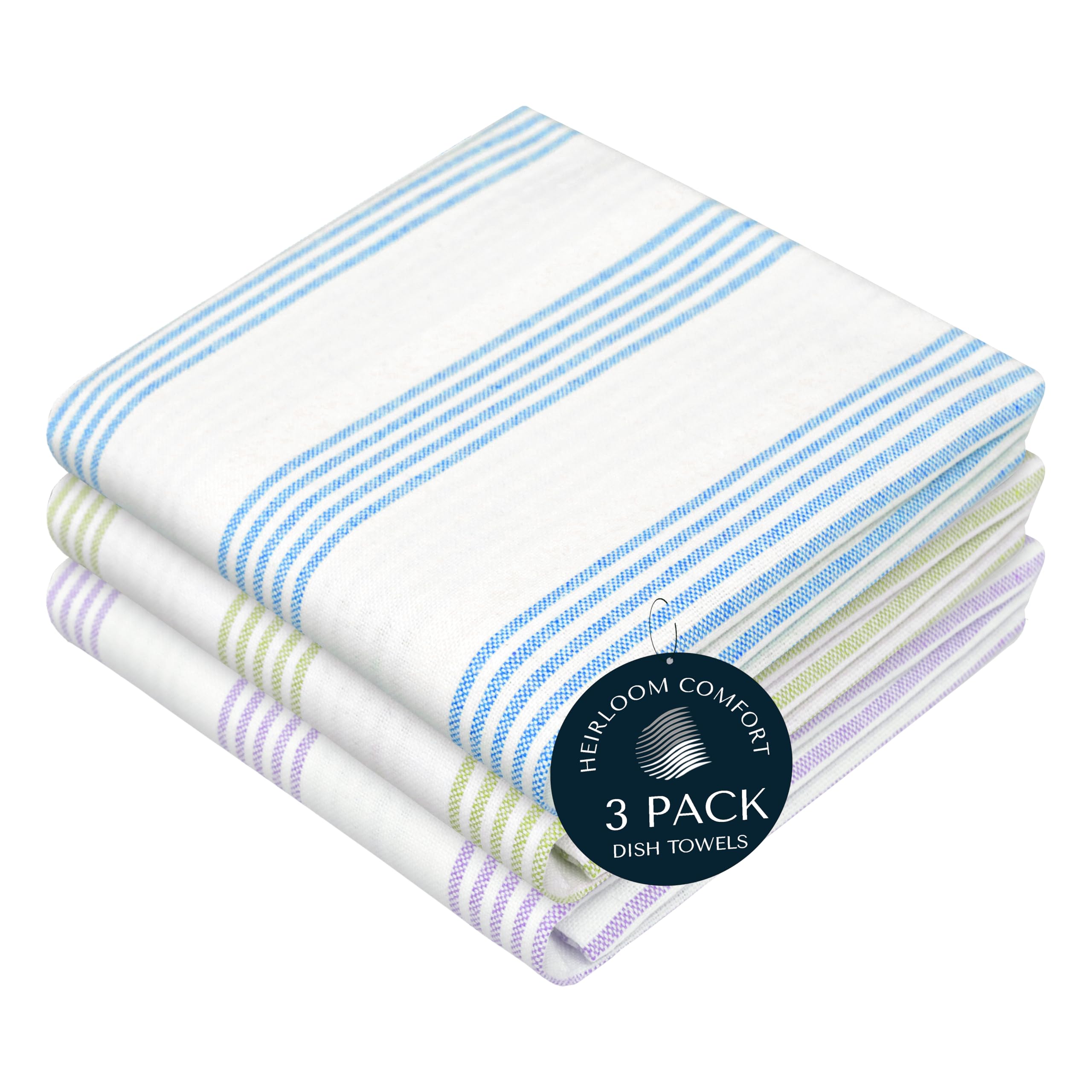 HEIRLOOM COMFORT Multi Colors Kitchen Towels 3 Pack, 45x66 cm,100% Cotton, Pin Striped Towel Set, Super Absorbent & Durable Dishcloths, Quick Drying for Drying Dishes - Turquiose Blue, Green, Lavender