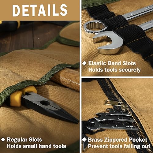 Miniatura 3 de Rollo de herramientas de lona, bolsa portátil para herramientas, bolsa enrollable de lona encerada de 16 onzas, con 12 ranuras y banda elástica y 1