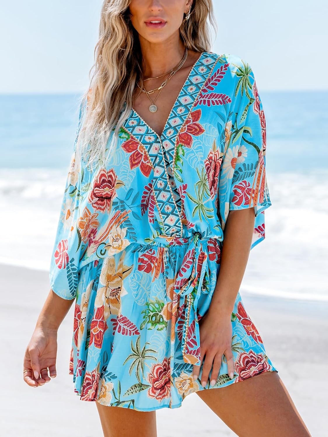 CUPSHE Women's Mini Dress V Neck Floral Half Dolman Sleeve Belted Loose Fit Short Summer Beach Dress - Image 2