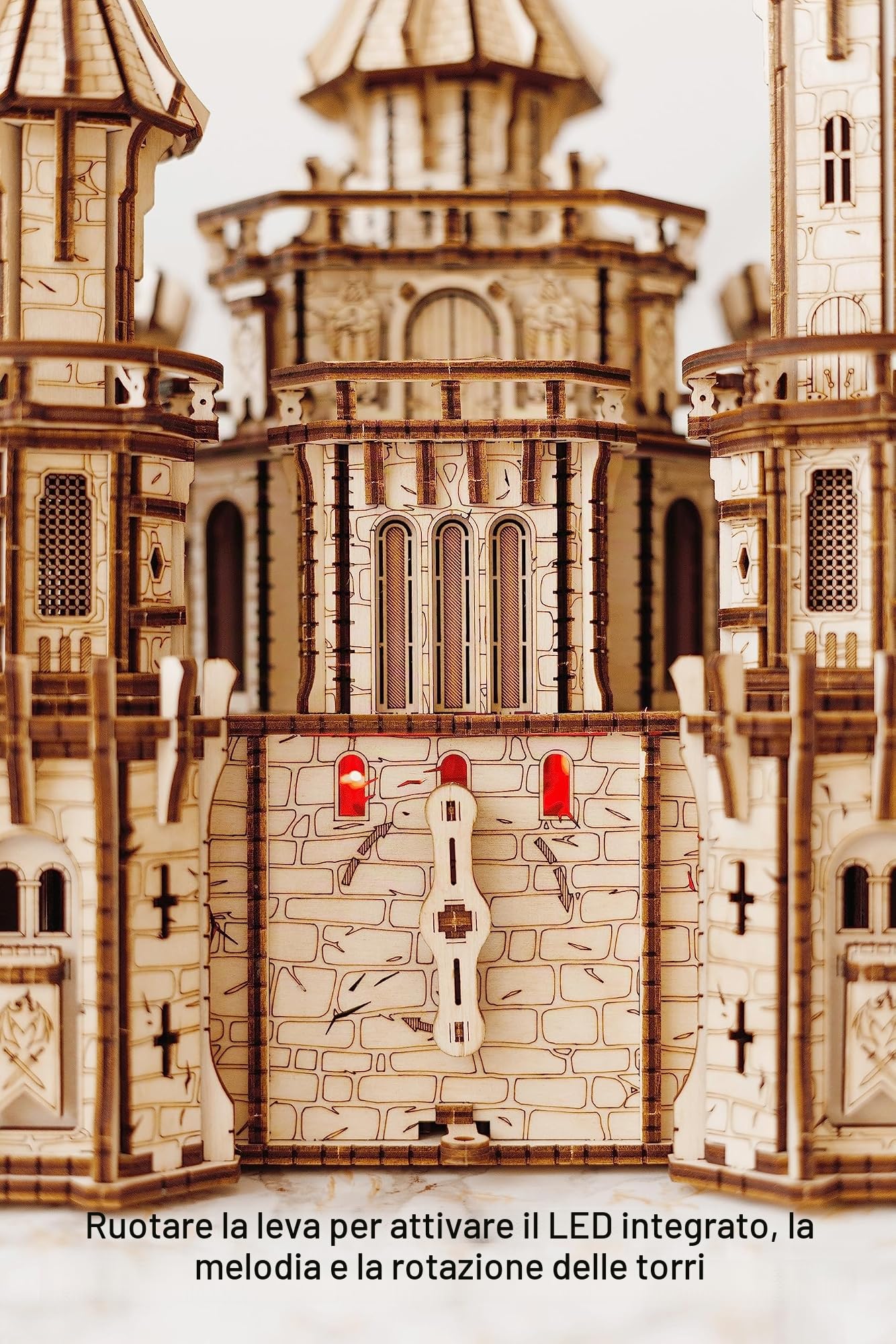 Wood Trick Dragon Castle Puzzle 3D di Legno per Adulti da Costruire | [978 Pezzi] LED Rosso e Torri Rotanti - Melodia Greensleeves - Kit di Montaggio Meccanico in Legno DIY per Adulti