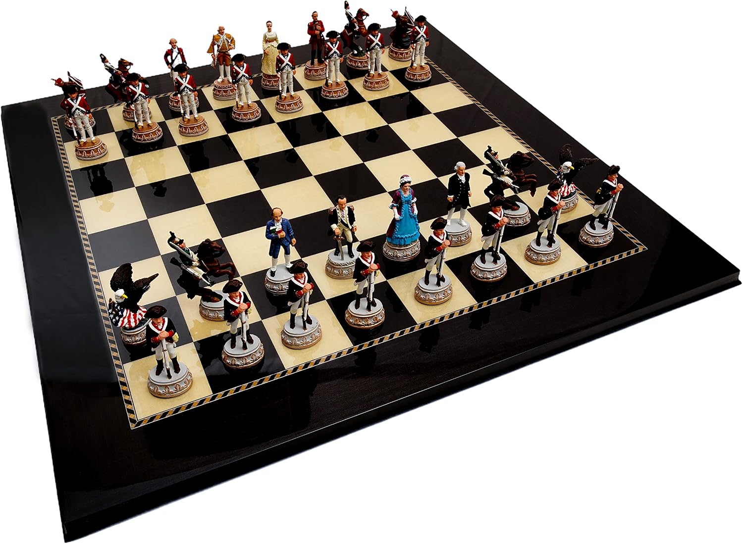 American Revolutionary War of Independence Hand Painted Luxury Pewter Chessmen & Via Angelo Poliziano Luxury Chess Board from Italy
