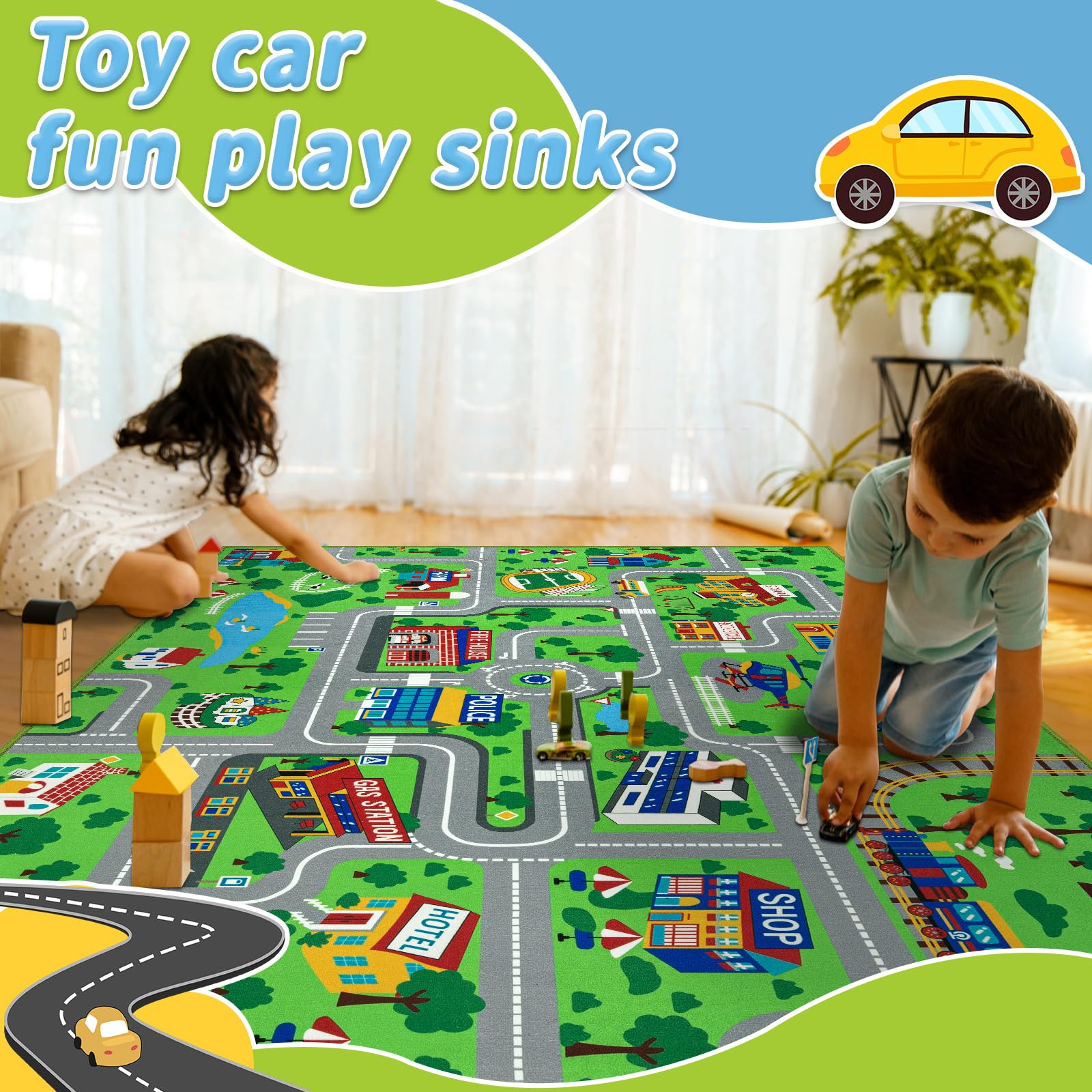 Capslpad Kinderteppich 150x200cm rutschfest Stadtplan Spielteppich Pädagogischer Spielteppich Maschinenwaschbar Kurzer Flor Autoteppich Kinder für Kinderzimmer Schlafzimmer Spielzimme Grün