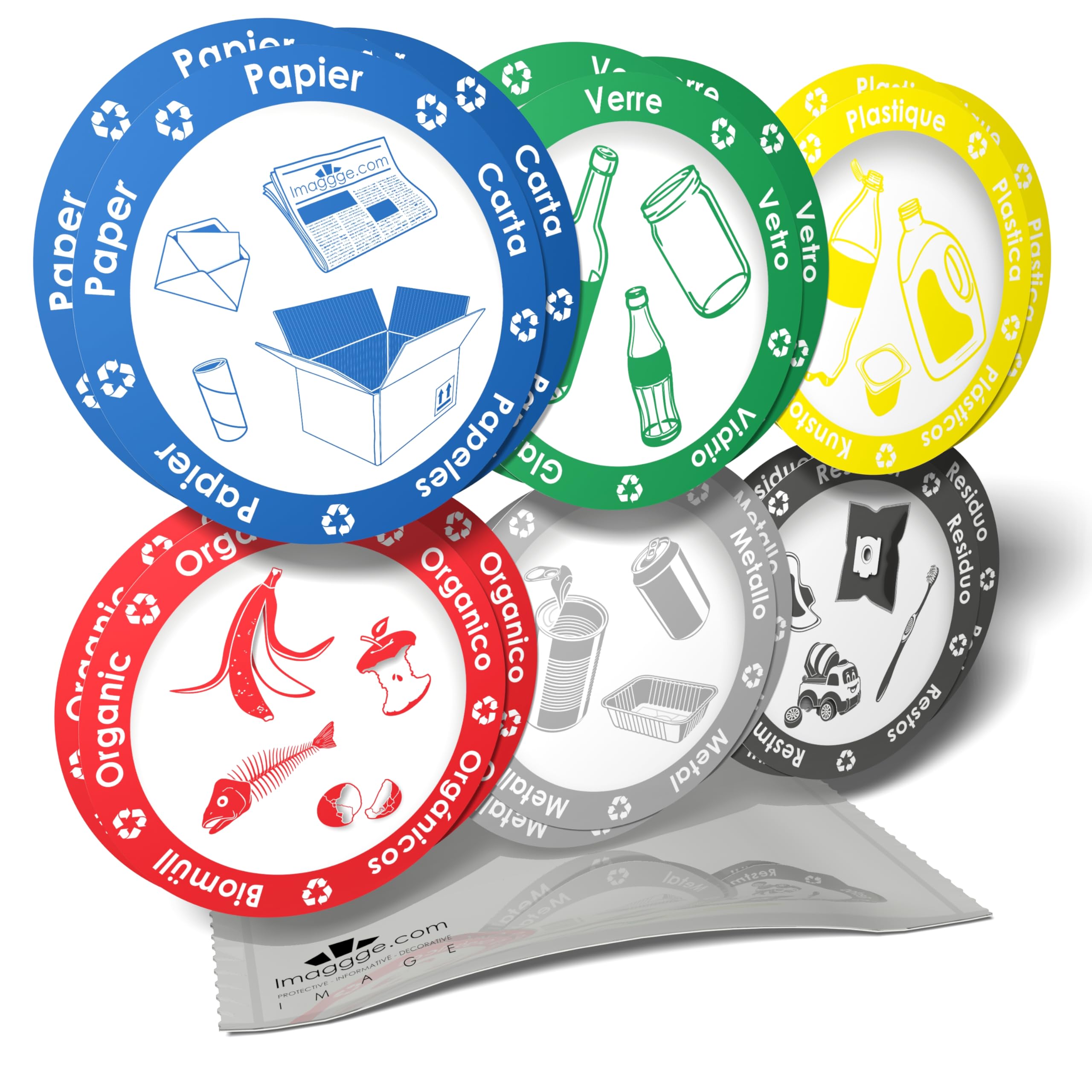 Informationsaufkleber – Piktogramme zur Organisation der Mülltrennung für Mülleimer oder Container – 3 Sets mit je 6 runden Aufklebern – 9,5 cm