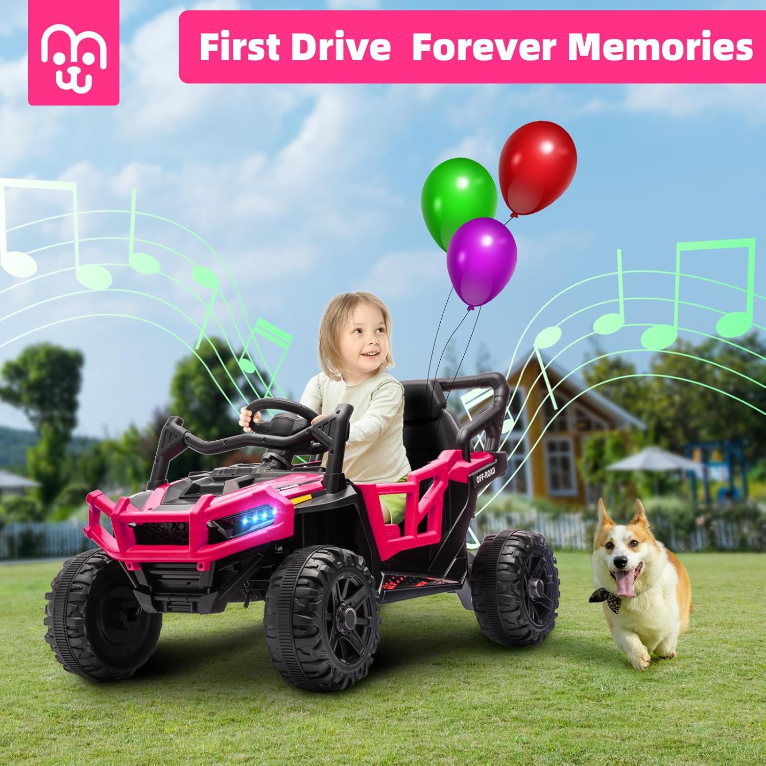 MINIATURE MOTORS 12V Kids Ride on Truck Car with Remote Control, Electric Off-Road UTV for Toddlers, Bluetooth Music, Suspension System Safety Belt, Electric Vehicles Gift for Boys & Girls-Rosy