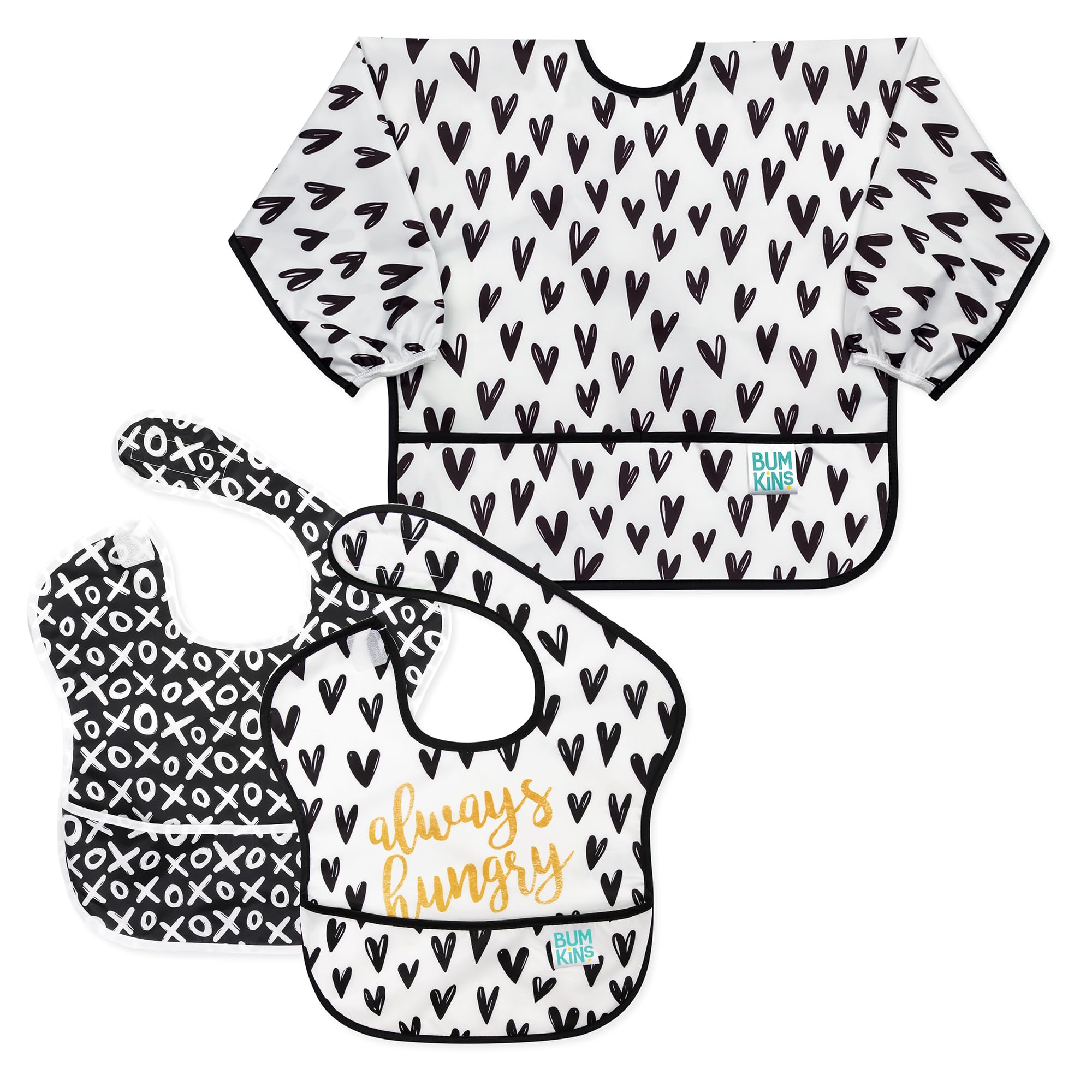 Bumkins - SuperBibs + bavaglino con maniche - per ragazzi e ragazze, neonati e bambini 6-24 mesi - Leggero, resistente, impermeabile - Tasca per tutti - Lavabile e lavabile in lavatrice - Cuori neri
