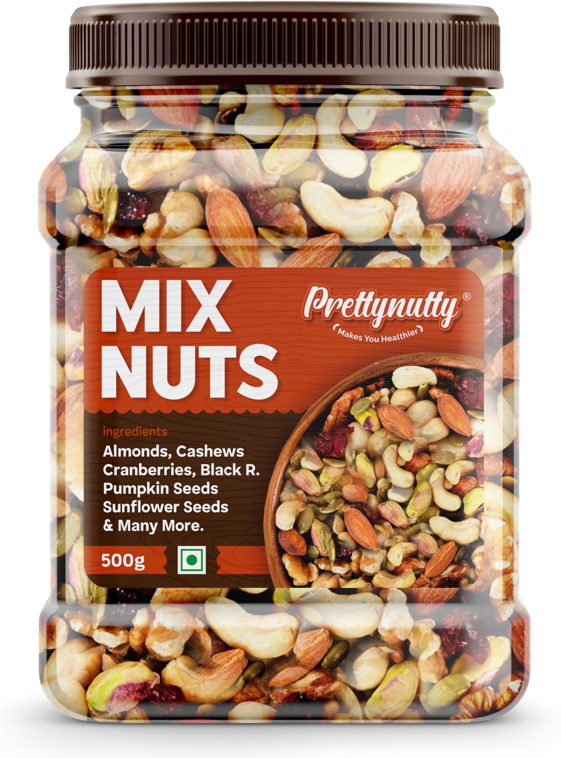 PrettyNutty Healthy Nutmix 500g, Dried Almonds, Black Raisins, Cashewnuts, Cranberries, Black Dates & Many More. (Pack of Jar)