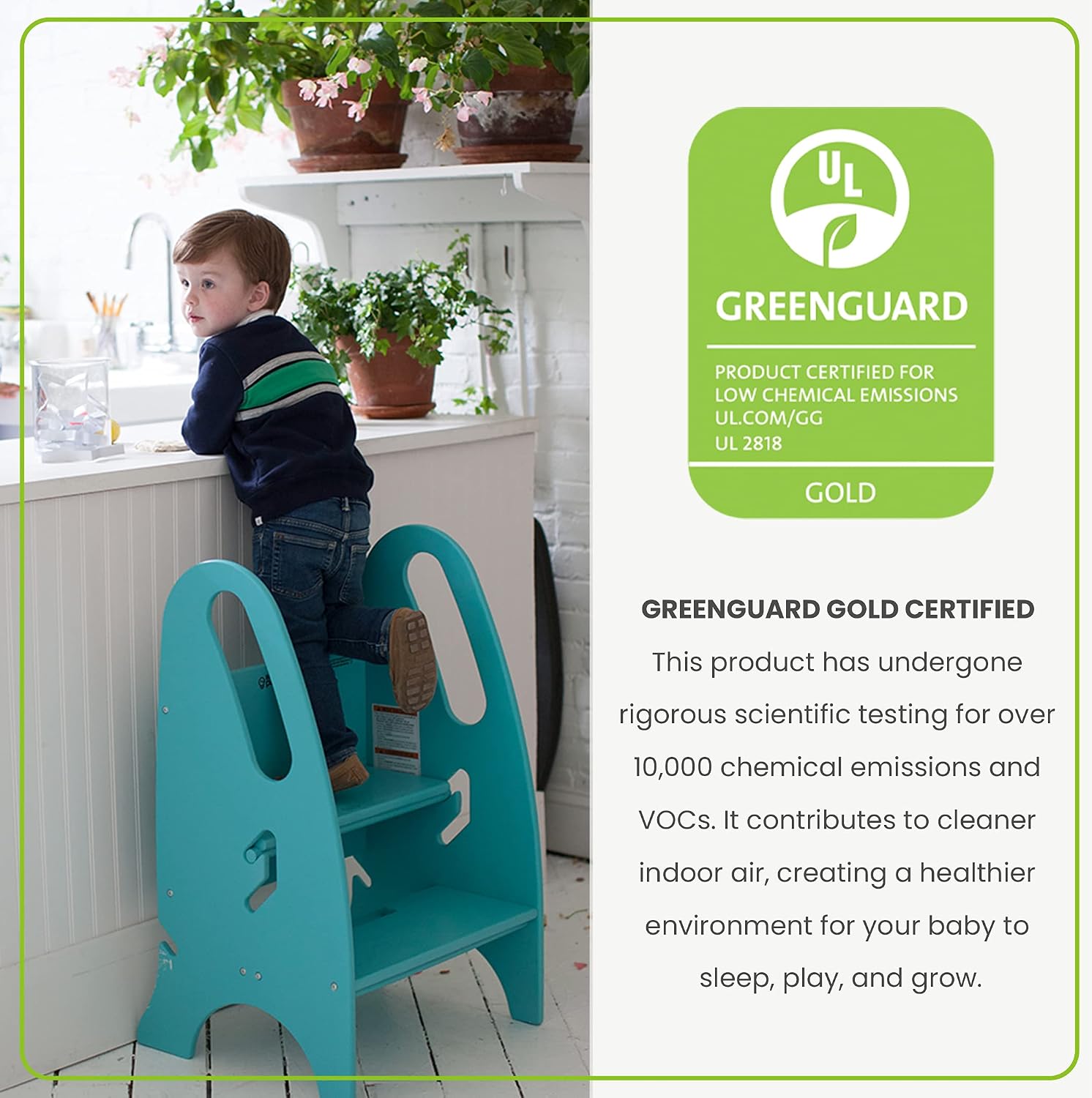 Little Partners The Growing Step Stool Adjustable Height Nursery, Learning Tower Kitchen or Bathroom Footstool - Wooden Non-Tip Design for Both Toddlers & Adults (Supports Up to 200lbs) (Turquoise)