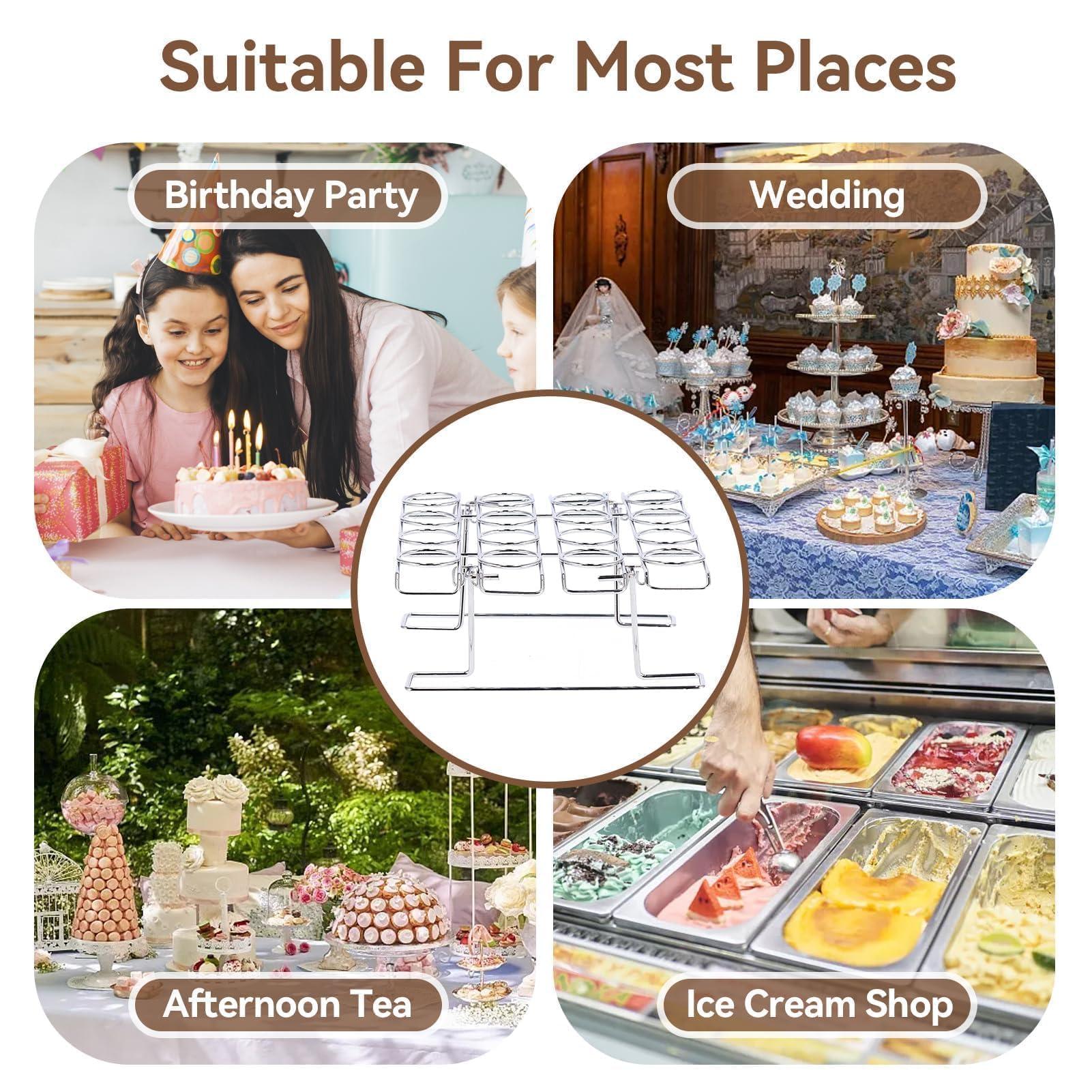 Porta Coni Gelato a 16 Fori,Supporto per Gelato,Supporto per Coni Gelato in Acciaio Inossidabile,Porta Gelato con Base,Griglia per Coni Per Cupcake in Metallo per Display Raffreddamento per Cottura