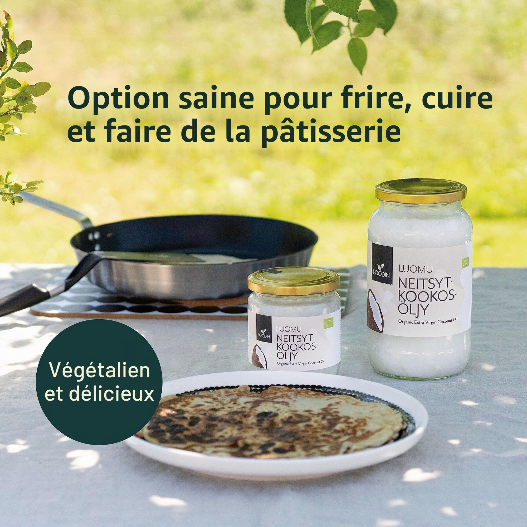 FOODIN Huile de coco bio 2 x 1000 ml, vierge pressée à froid, de qualité supérieure, bonne option pour la friture et la cuisson, 100% sans gluten et végétalien