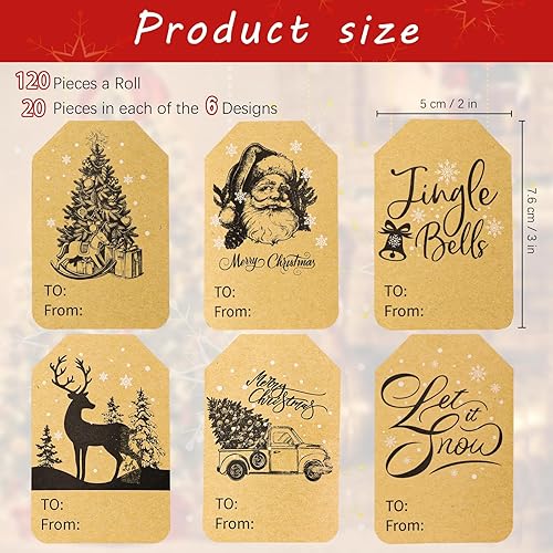 Miniatura 2 de 300 etiquetas adhesivas de papel kraft marrón para regalo de Navidad, 6 diseños, etiquetas autoadhesivas de 2 x 3 pulgadas para bolsas de regalo,