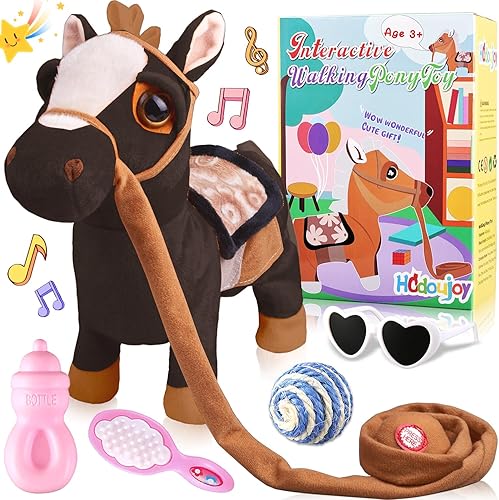 Juguete interactivo de peluche de poni negro que canta bailando musical realista poni mascota, juguete de cabeza de caballo para niños y niñas,