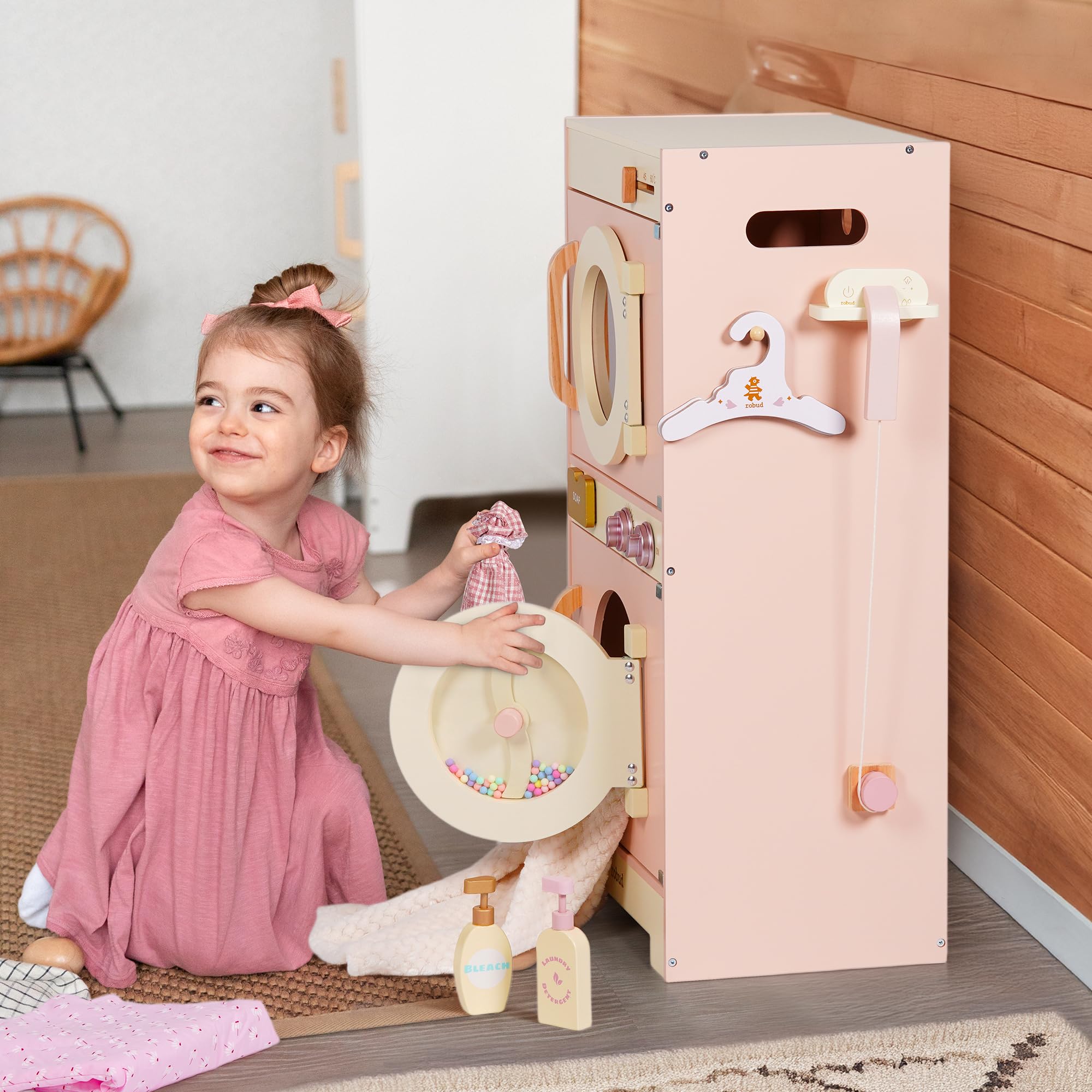 ROBUD Kinder Waschmaschine Set aus Holz: Spielküche Spielzeug, 2-in-1 Spielwaschmaschine Trockner Set, Rollenspiel Küchenspielzeug mit Bügeleisen, Kleiderbügel, Seife, Geschenk für Kinder ab 3 Jahren