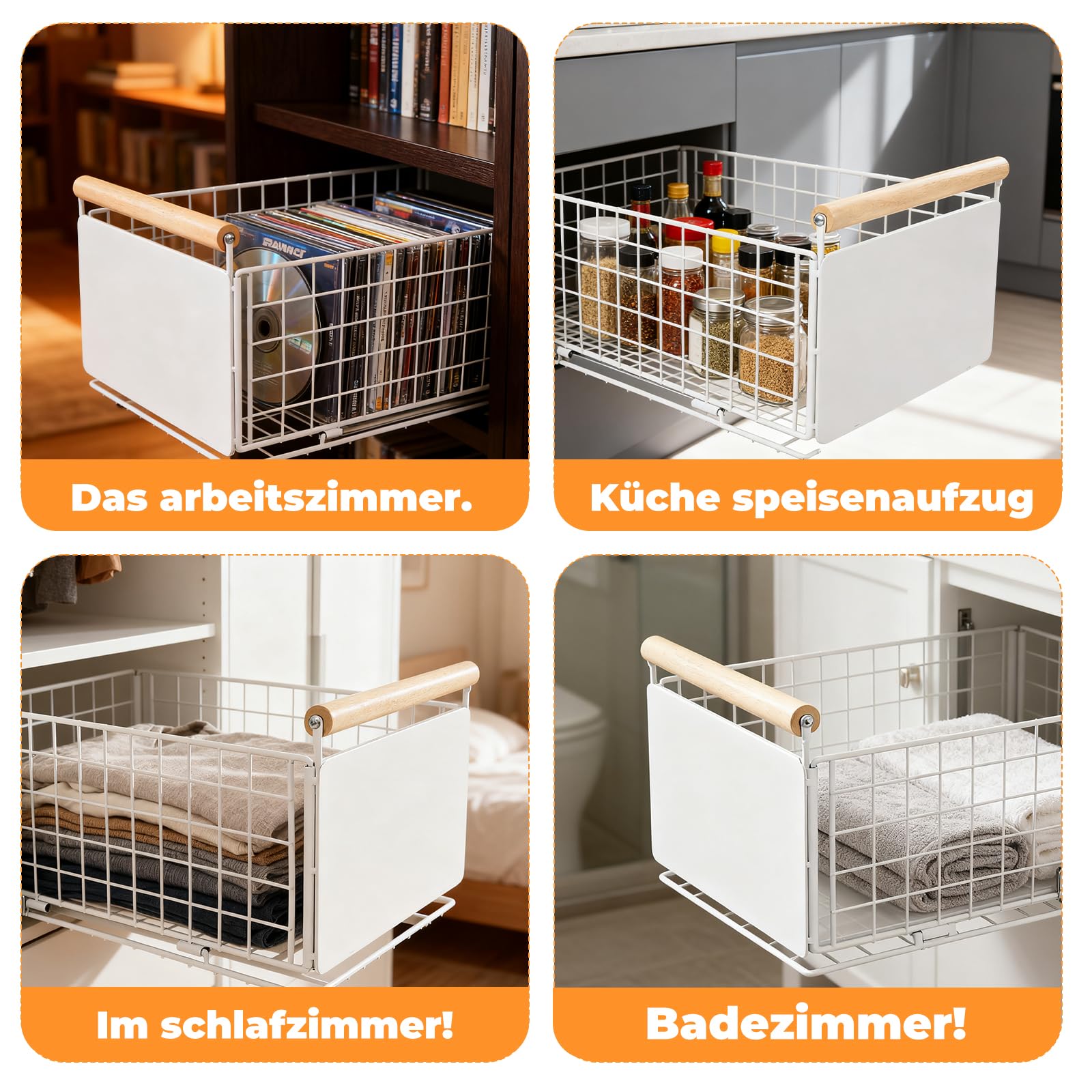 Teleskop-Schubladeneinsatz für Küchenschränke – Ausziehbarer Schrankorganizer 38x23x18,5 cm, Montage mit Klebepad oder Schrauben, Leises Schienensystem, Organizer (4er)