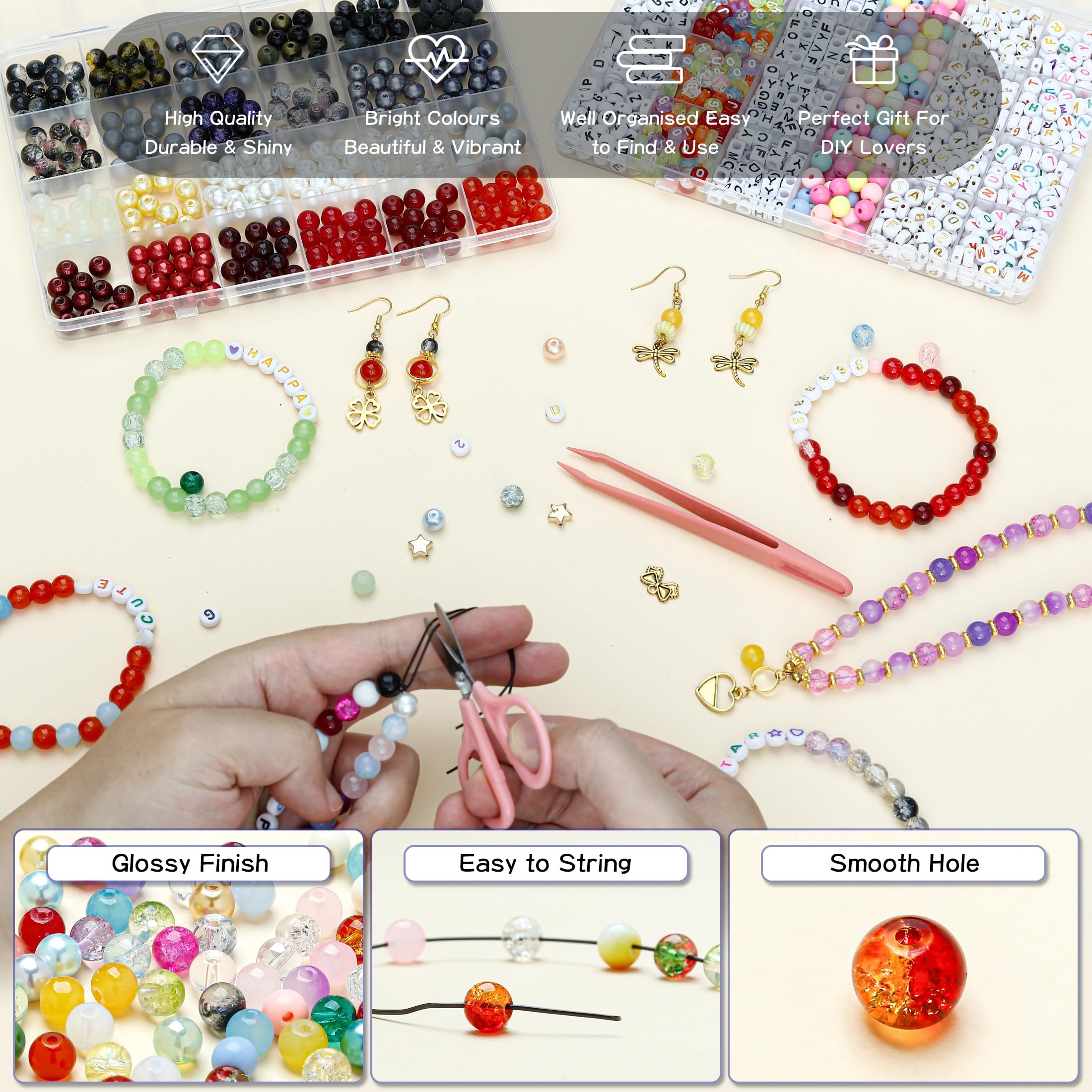 Perline in vetro da 8 mm, 120 colori, per la creazione di gioielli, kit per la creazione di braccialetti da 2574 pezzi