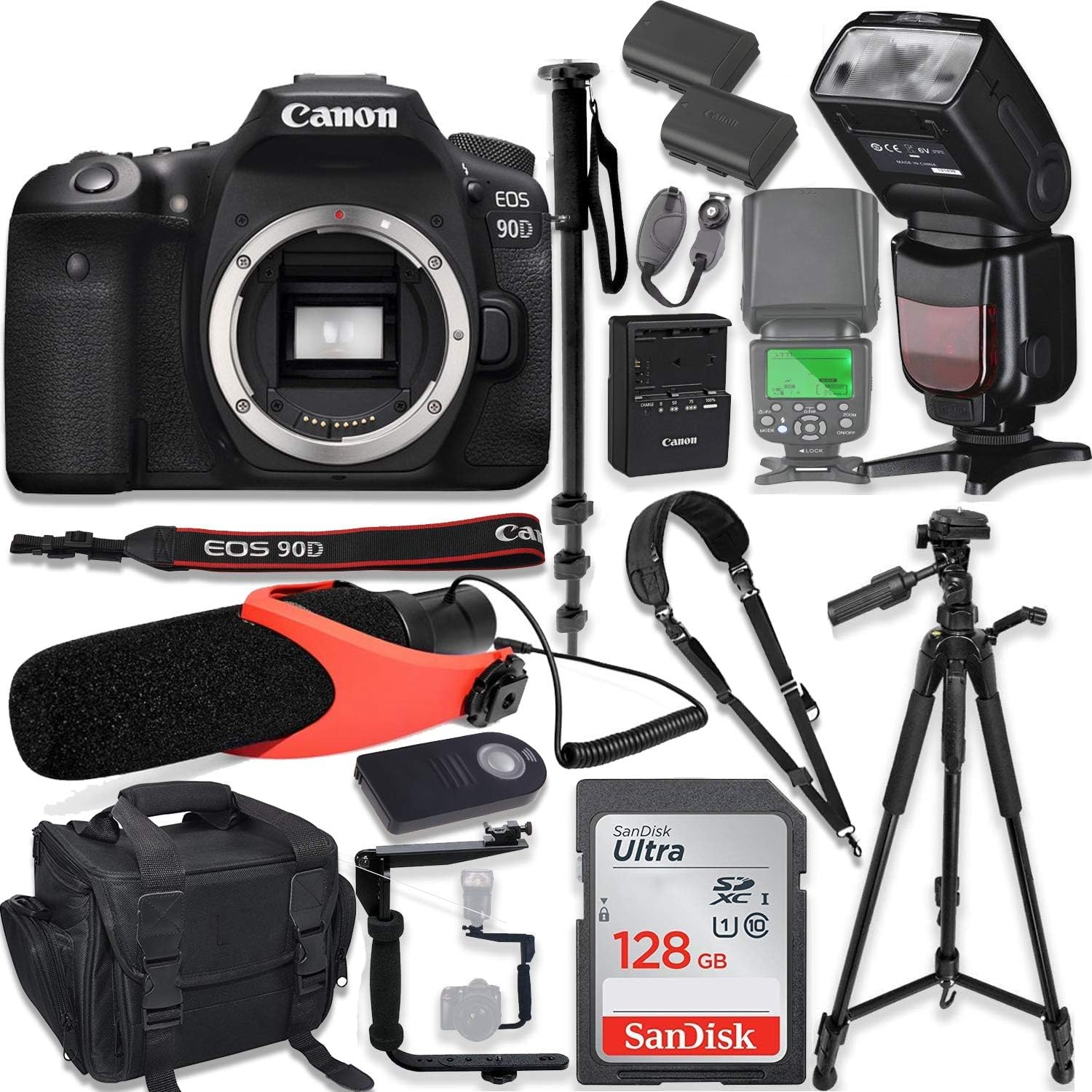 Canon EOS 90D DSLR Camera Body Only Kit with Pro Photo & Video Accessories Including 128GB Memory, Speedlight TTL Flash, Quick Release Strap, Condenser Microphone, 60" Tripod & More