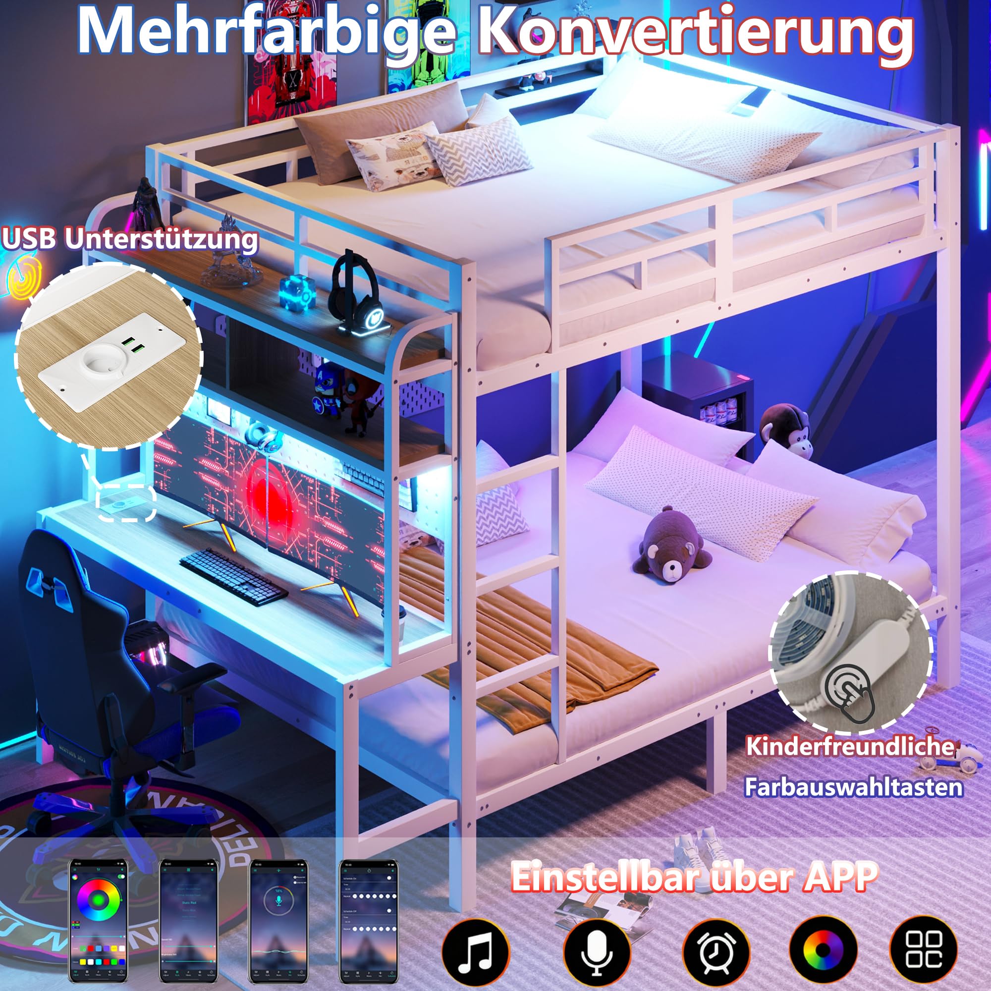 Zepneiy Lit Enfant avec Barre Lumineuse LED et Port USB, Lit Superposé Enfant 140x200 avec échelle de sécurité et Compartiment de Rangement, Cadre de en Fer Blanc(sans Matelas)