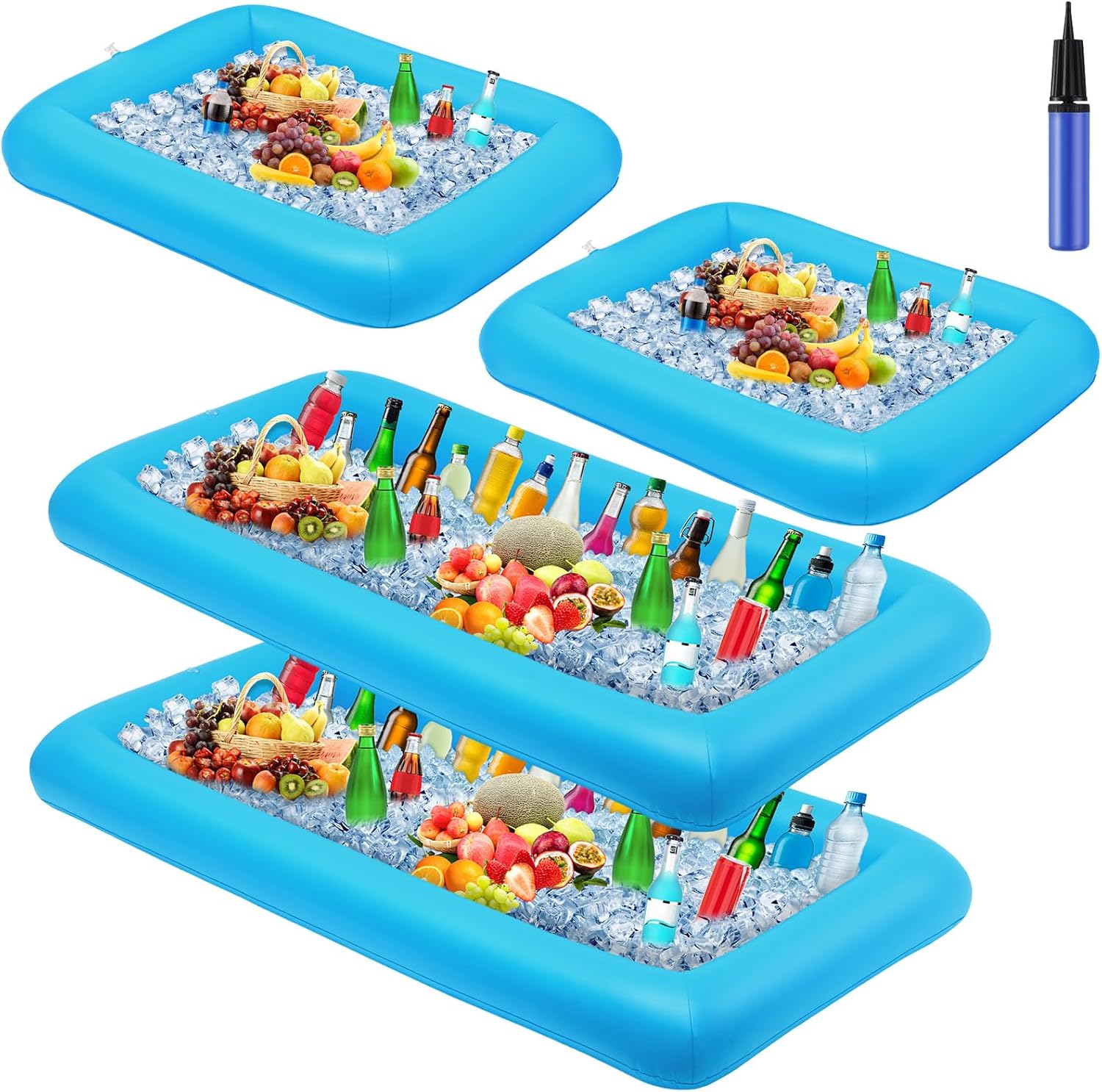 Leitee 4 Pcs Inflatable Ice Serving Bars Buffet Serving Tray Drink Cooler for Pool Party Inflatable Ice Tray Floating Food Drink Containers with Drain Plug and a Hand Pump, 2 Sizes (Blue) Leitee 4 Pcs Inflatable Ice Serving Bars Buffet Serving Tray Drink Cooler for Pool Party Inflatable Ice Tray Floating Food Drink Containers with Drain Plug and a Hand Pump, 2 Sizes (Blue)