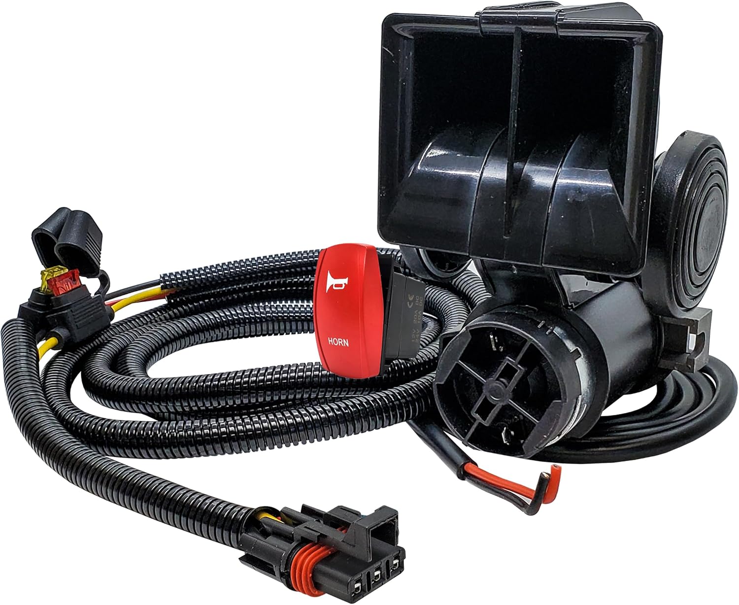 OZ-USA Air Horn 150dB 12V Direct Drive Compressor with Red Rocker Switch Plug and Play Power Busbar Plug Wire Harness Kit Compatible with Polaris RZR General Ranger Crew XPEDITION 2018-2024
