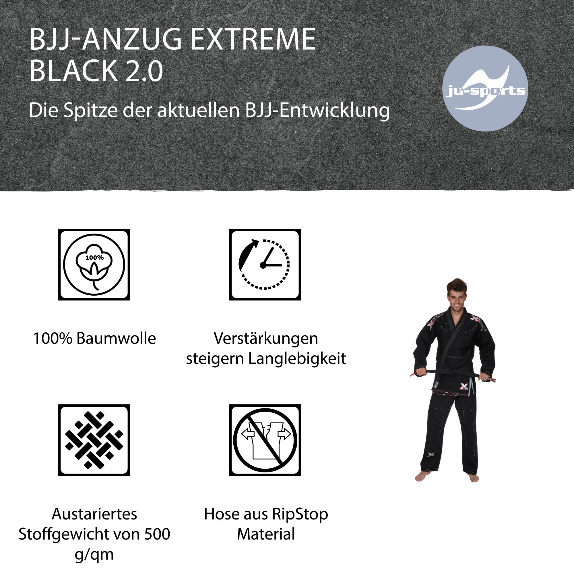 Ju-Sports BJJ Gi Herren EXTREME 2.0 schwarz- Topmoderner Brazilian Jujutsu Anzug flexibel & reißfest, 500g/qm Stoffgewicht, Herausragendes Tragegefühl