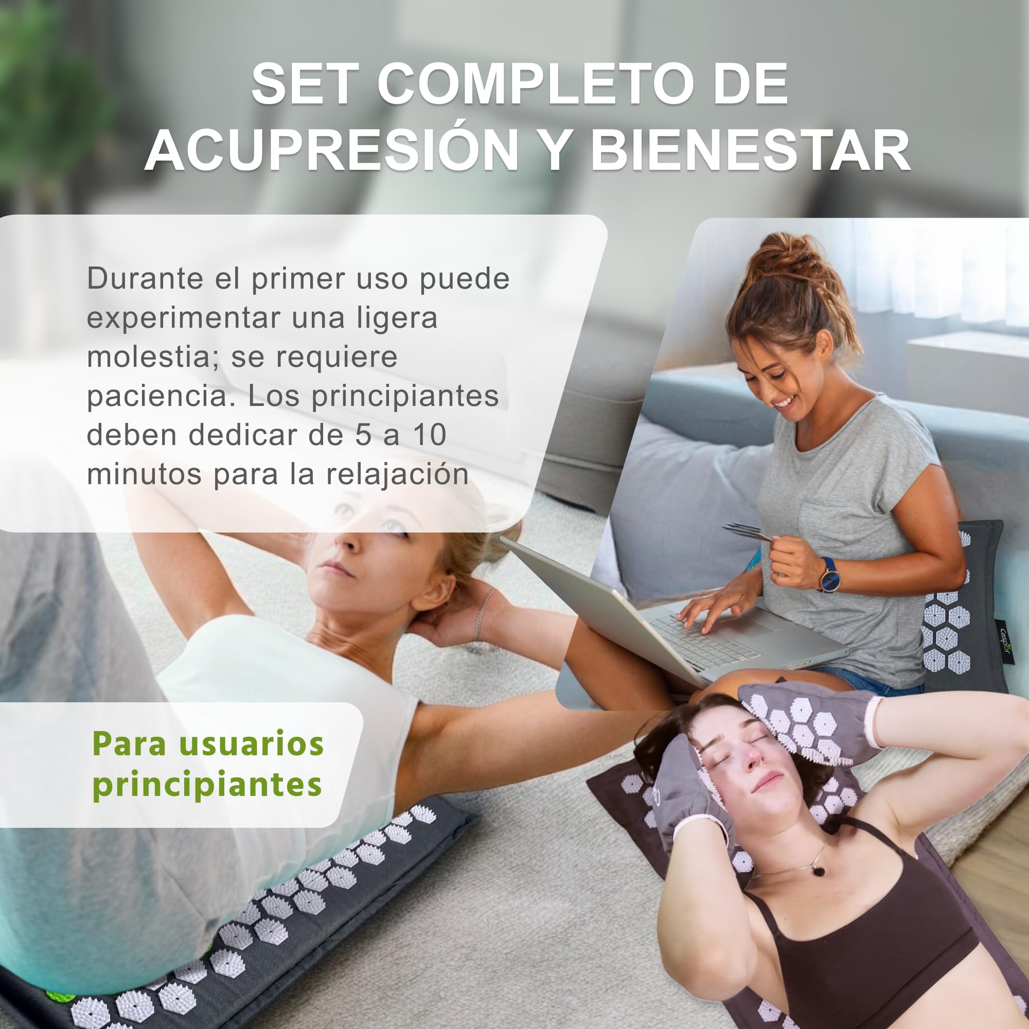 Akupressur Eco Set - Esterilla de acupresión con cojín, bolsa, guantes de masaje de lino 100% con fibras de coco, ganador de pruebas mate 05/24 para el dolor de espalda Caspor®
