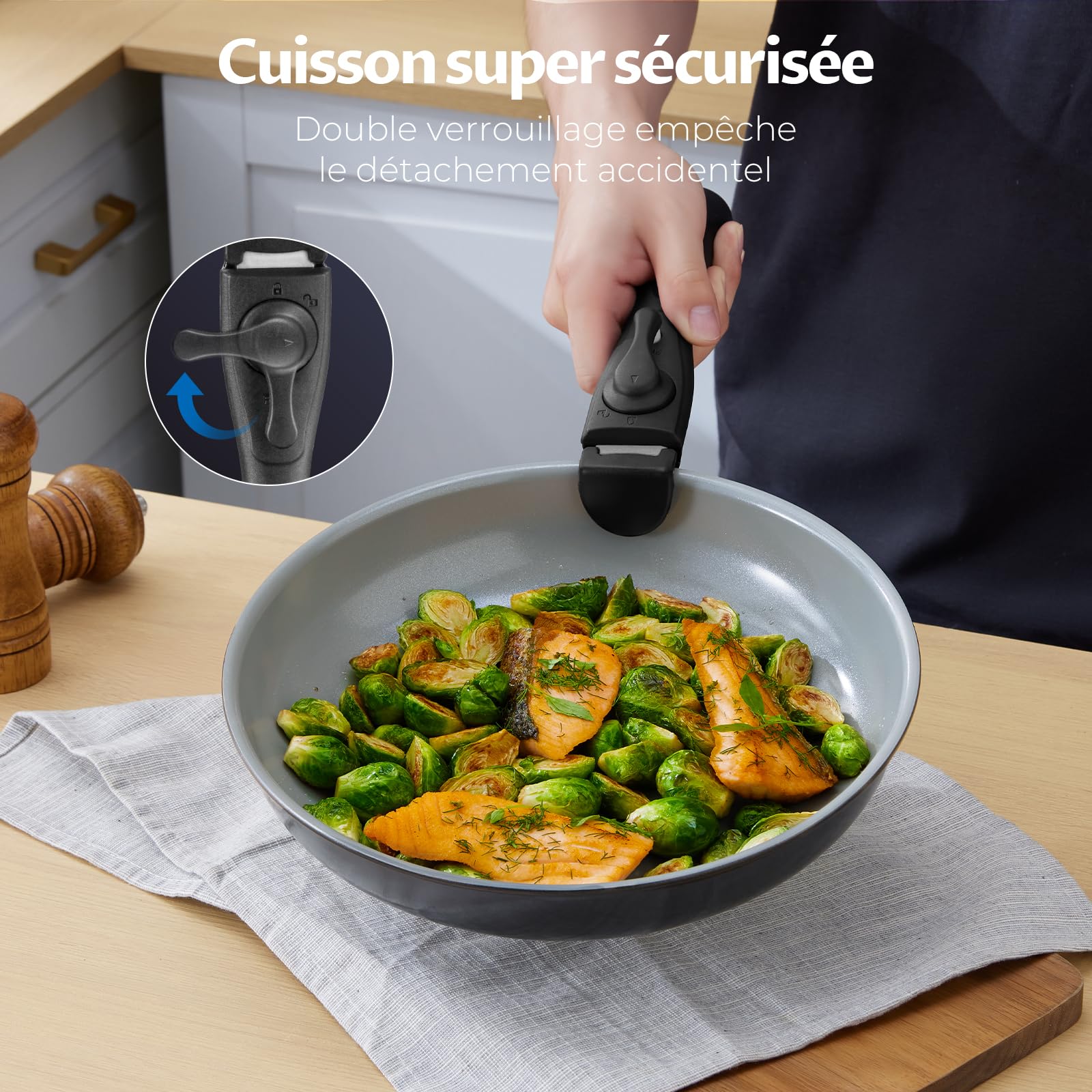 BEZIA Poêle en céramique avec poignée amovible – Set de 9 casseroles à induction antiadhésives avec couvercle, pour tous les types de cuisinières, casseroles empilables, passent au four et au
